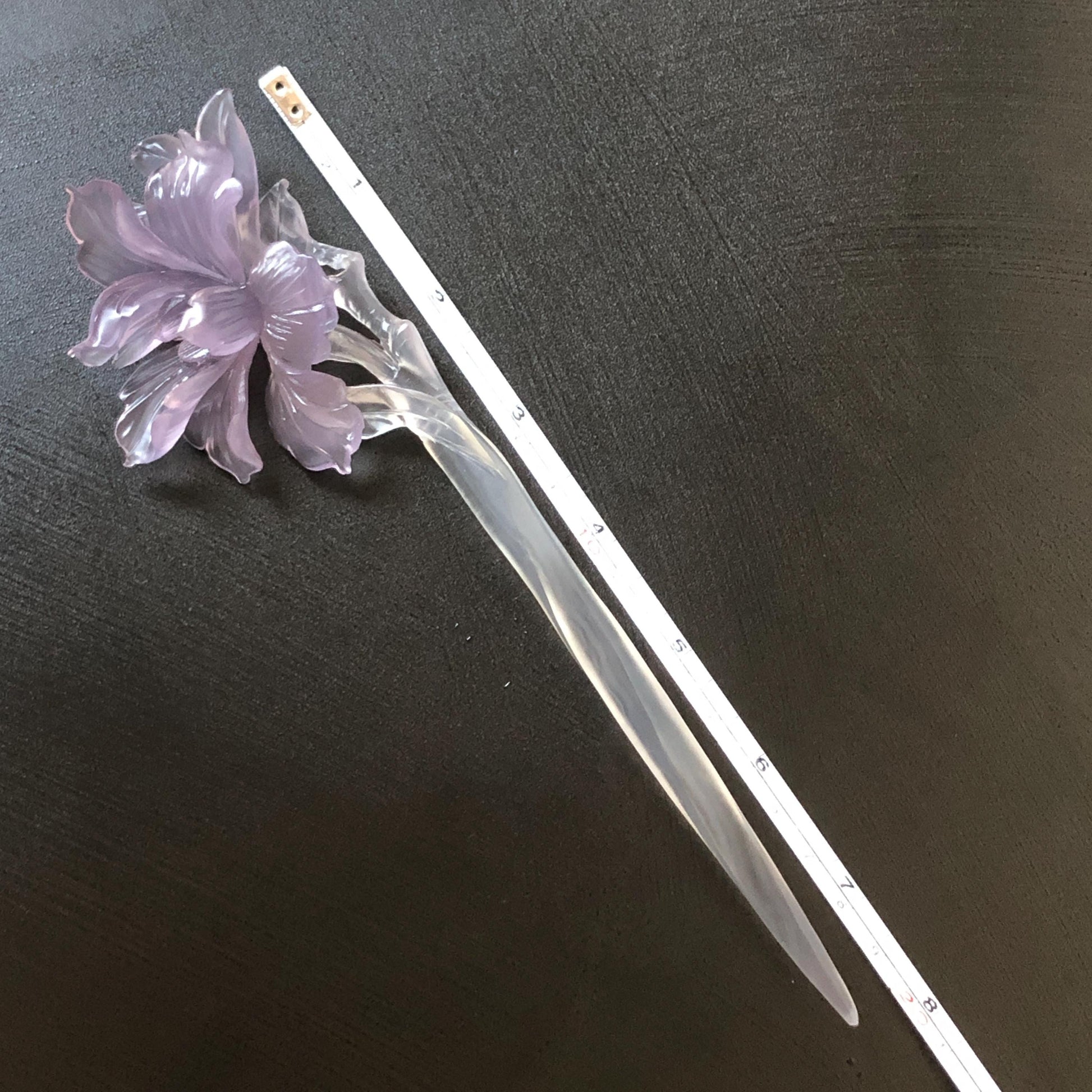 Fluorite Hand Carved Iris Flower Hair Pin: Natural Purple and White Crystal Hanfu Handcrafted Hair Stick in Asian Chinese Vintage Style Handcrafted Hair Fork Bridal Wedding Headpiece gift for her japanese hairpin korean hair stick chinese hair fork vintage hair comb antique hair pins hanfu hair stick bridal shower hair jewelry wedding headpiece bridal shower gift engagement hair accessory jade carving hand engraved purple crystal untreated natural crystal hairpin Iris carving flower hairpin