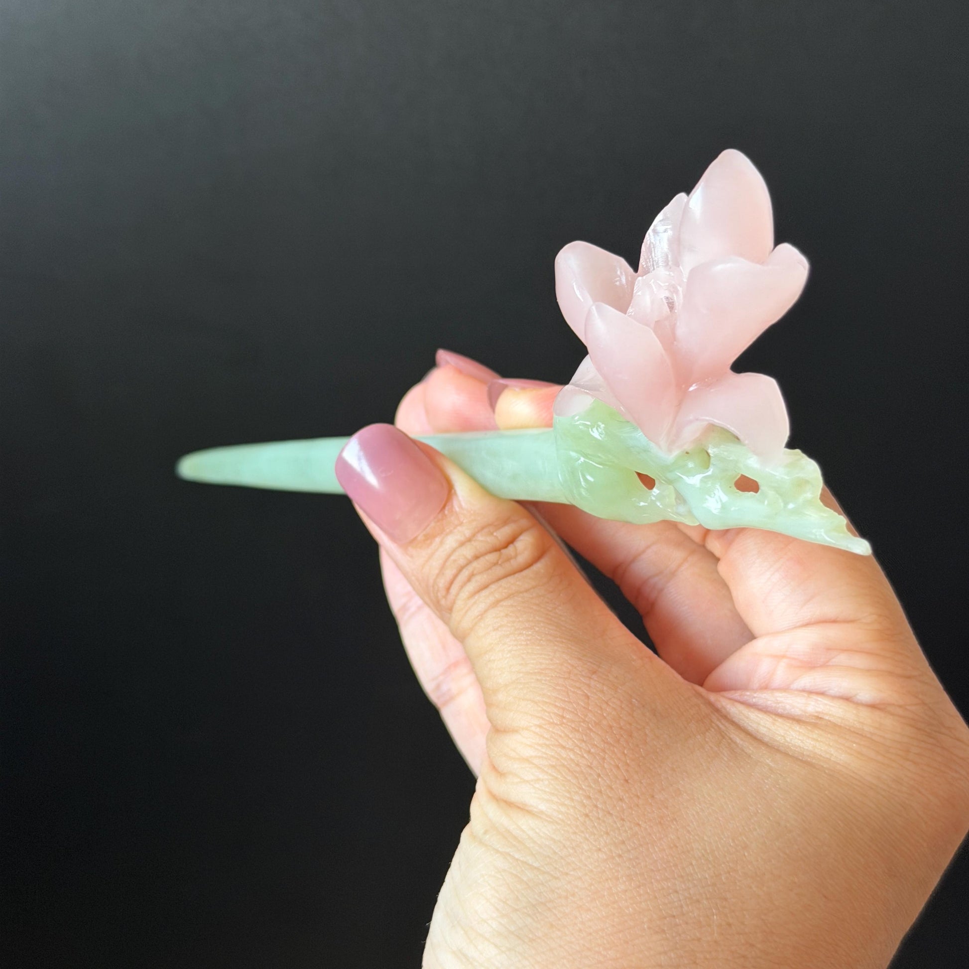 Xiu Jade Serpentine Hand Carved Pink Lotus Flower Hair Pin: Natural Pink & Green Jade Handcrafted Hair Stick 3D stone carving Hair Jewelry | Asian Chinese Vintage Hanfu Hair Fork gift for her pink jade carving green jade flower carving yulan carving hand engraved yulan hairpins japanese hair stick korean hair pins vinatge hair fork chinese hair comb antique hairpins wedding headpiece engagement hair jewelry bridal shower gift bridal hair accessory 3D stone carving