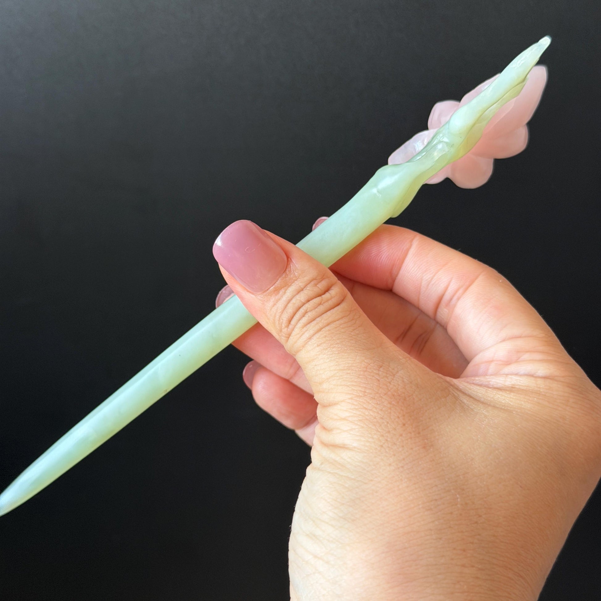 Xiu Jade Serpentine Hand Carved Pink Lotus Flower Hair Pin: Natural Pink & Green Jade Handcrafted Hair Stick 3D stone carving Hair Jewelry | Asian Chinese Vintage Hanfu Hair Fork gift for her pink jade carving green jade flower carving yulan carving hand engraved yulan hairpins japanese hair stick korean hair pins vinatge hair fork chinese hair comb antique hairpins wedding headpiece engagement hair jewelry bridal shower gift bridal hair accessory 3D stone carving