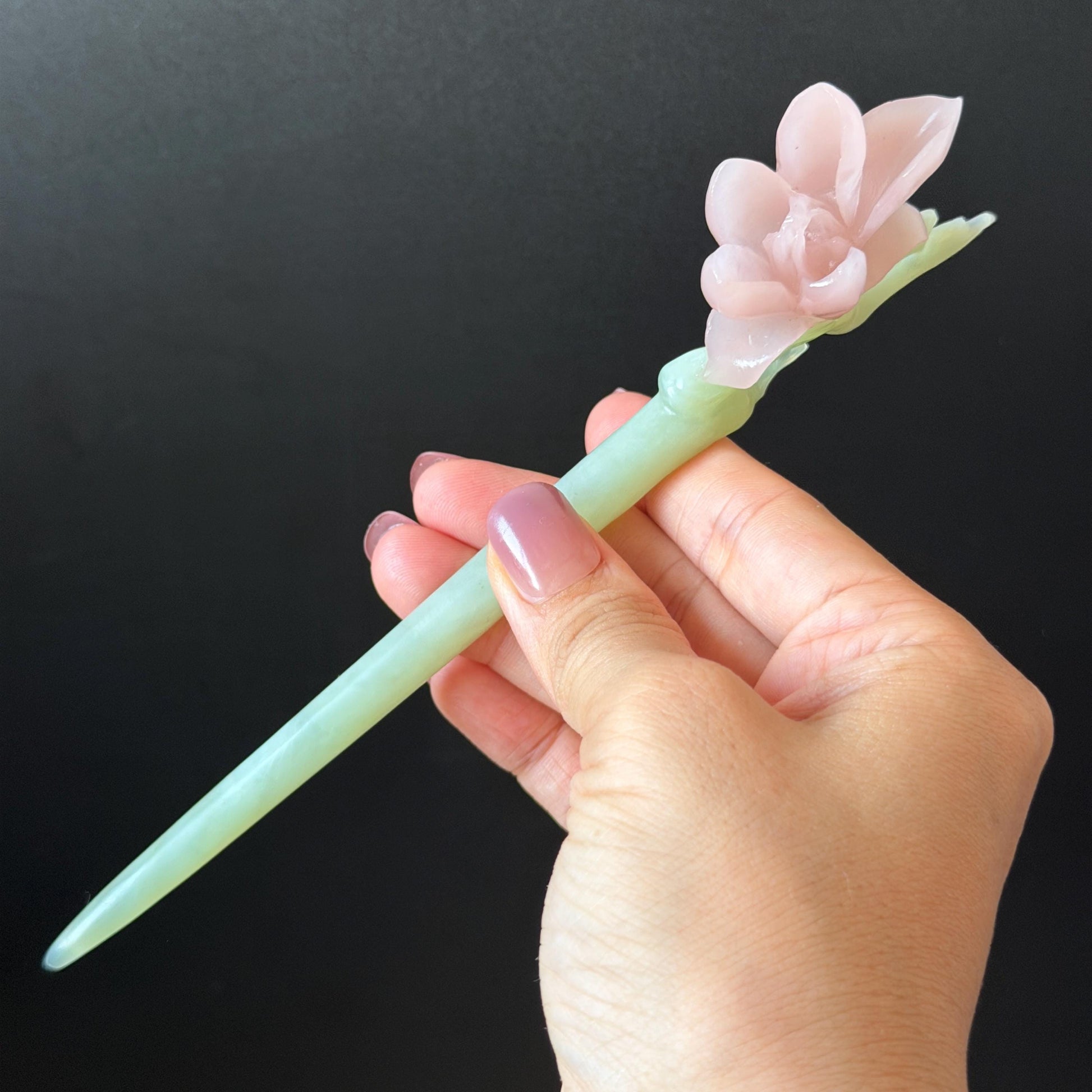 Xiu Jade Serpentine Hand Carved Pink Lotus Flower Hair Pin: Natural Pink & Green Jade Handcrafted Hair Stick 3D stone carving Hair Jewelry | Asian Chinese Vintage Hanfu Hair Fork gift for her pink jade carving green jade flower carving yulan carving hand engraved yulan hairpins japanese hair stick korean hair pins vinatge hair fork chinese hair comb antique hairpins wedding headpiece engagement hair jewelry bridal shower gift bridal hair accessory 3D stone carving
