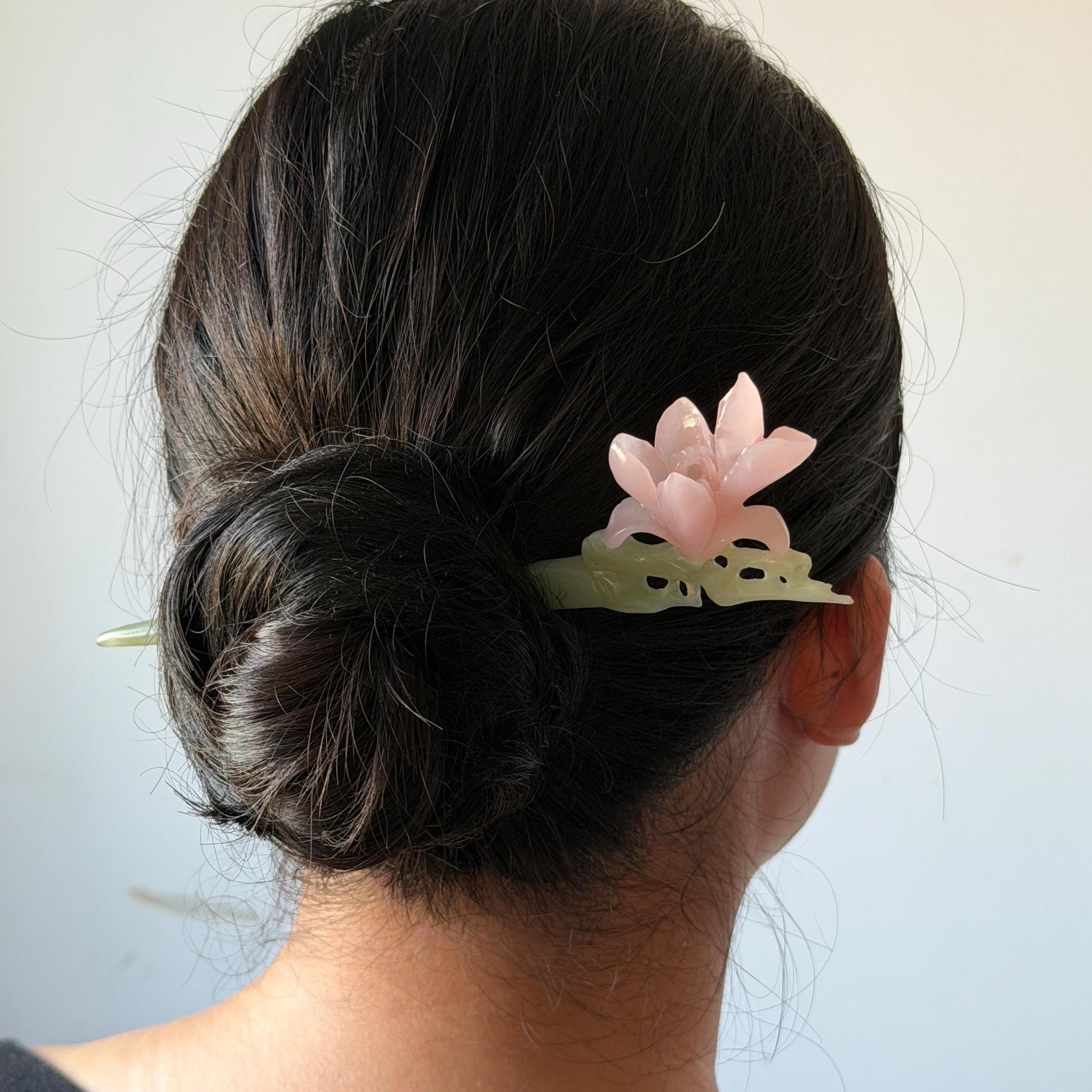 Xiu Jade Serpentine Hand Carved Pink Lotus Flower Hair Pin: Natural Pink & Green Jade Handcrafted Hair Stick 3D stone carving Hair Jewelry | Asian Chinese Vintage Hanfu Hair Fork gift for her pink jade carving green jade flower carving yulan carving hand engraved yulan hairpins japanese hair stick korean hair pins vinatge hair fork chinese hair comb antique hairpins wedding headpiece engagement hair jewelry bridal shower gift bridal hair accessory 3D stone carving