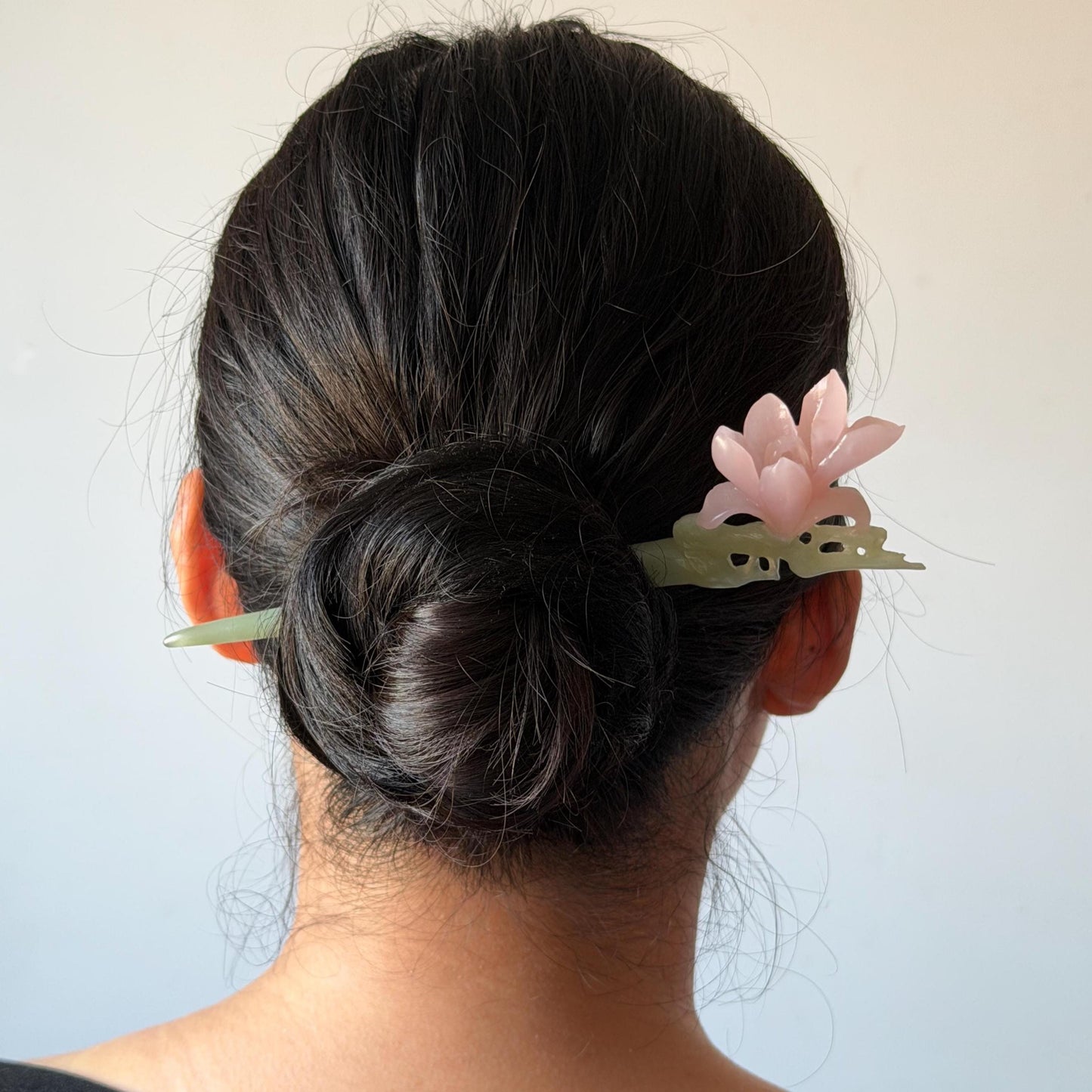 Xiu Jade Serpentine Hand Carved Pink Lotus Flower Hair Pin: Natural Pink & Green Jade Handcrafted Hair Stick 3D stone carving Hair Jewelry | Asian Chinese Vintage Hanfu Hair Fork gift for her pink jade carving green jade flower carving yulan carving hand engraved yulan hairpins japanese hair stick korean hair pins vinatge hair fork chinese hair comb antique hairpins wedding headpiece engagement hair jewelry bridal shower gift bridal hair accessory 3D stone carving