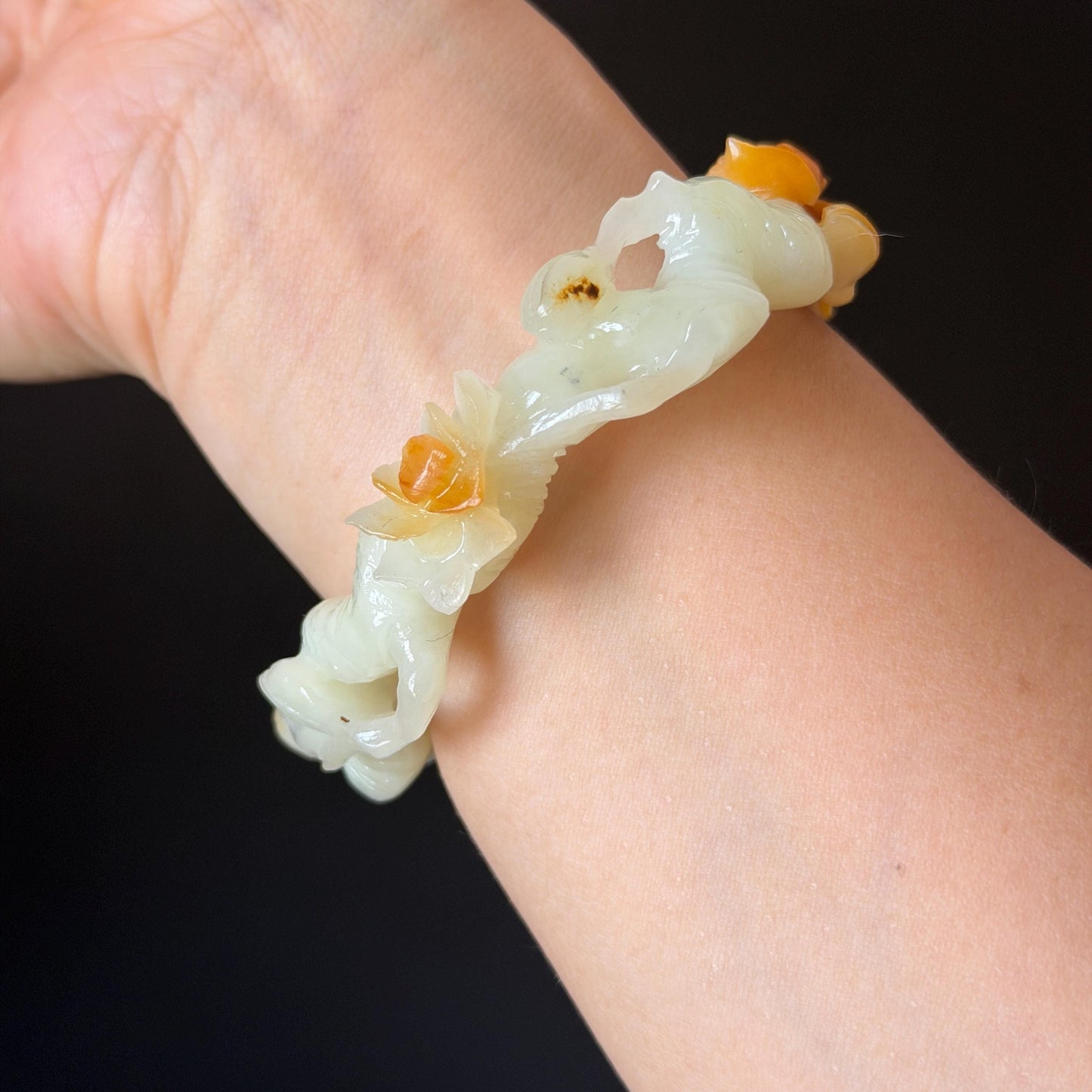 54.2mm Xiu Jade Serpentine Hand Carved Peach Blossom Flowers Bangle: Natural Yellow White Jade Handcrafted Bracelet, Stone Carving Gemstone Jewelry Gift for her yellow jade white Jade carving 3D stone carving flower bracelet peach blossom bracelet flower carving handcrafted bangle chinese jade flower lover gift vintage bangle antique bracelet multicolor jade bicolour jade with certificate certified natural untreated jade women jade bracelet hand engraved stone bangle