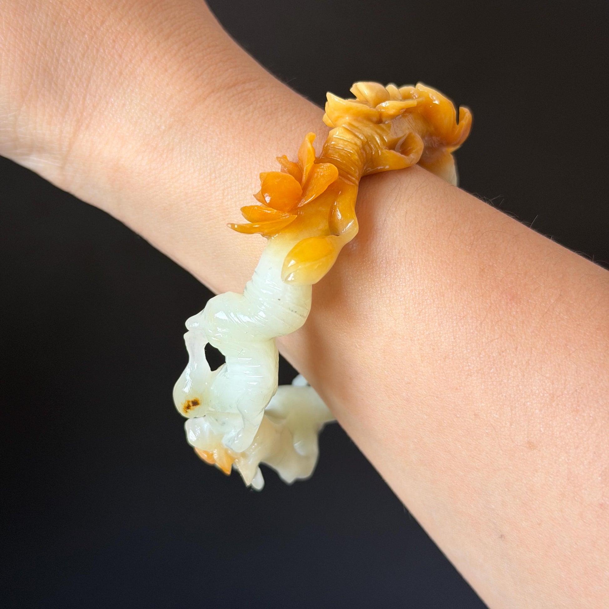 54.2mm Xiu Jade Serpentine Hand Carved Peach Blossom Flowers Bangle: Natural Yellow White Jade Handcrafted Bracelet, Stone Carving Gemstone Jewelry Gift for her yellow jade white Jade carving 3D stone carving flower bracelet peach blossom bracelet flower carving handcrafted bangle chinese jade flower lover gift vintage bangle antique bracelet multicolor jade bicolour jade with certificate certified natural untreated jade women jade bracelet hand engraved stone bangle