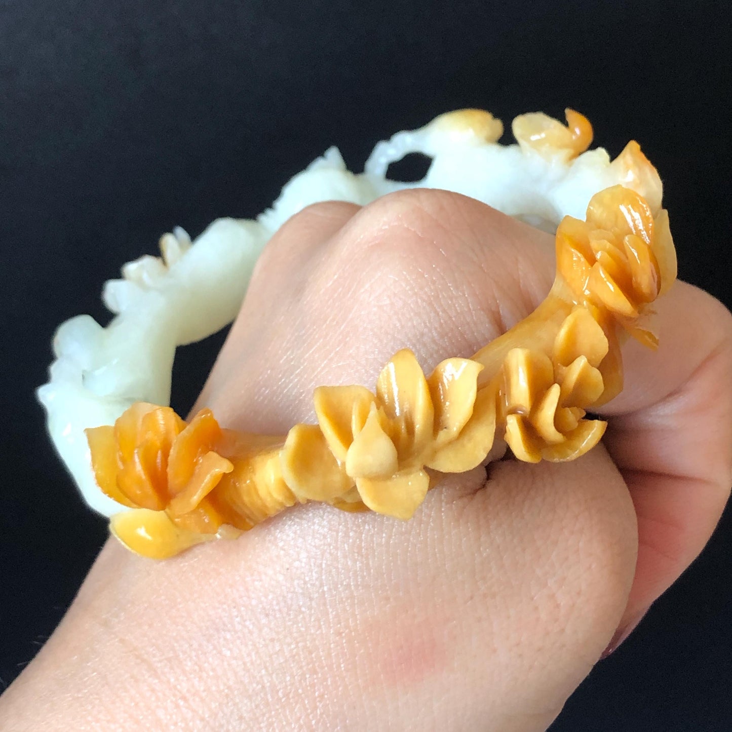 54.2mm Xiu Jade Serpentine Hand Carved Peach Blossom Flowers Bangle: Natural Yellow White Jade Handcrafted Bracelet with certificate