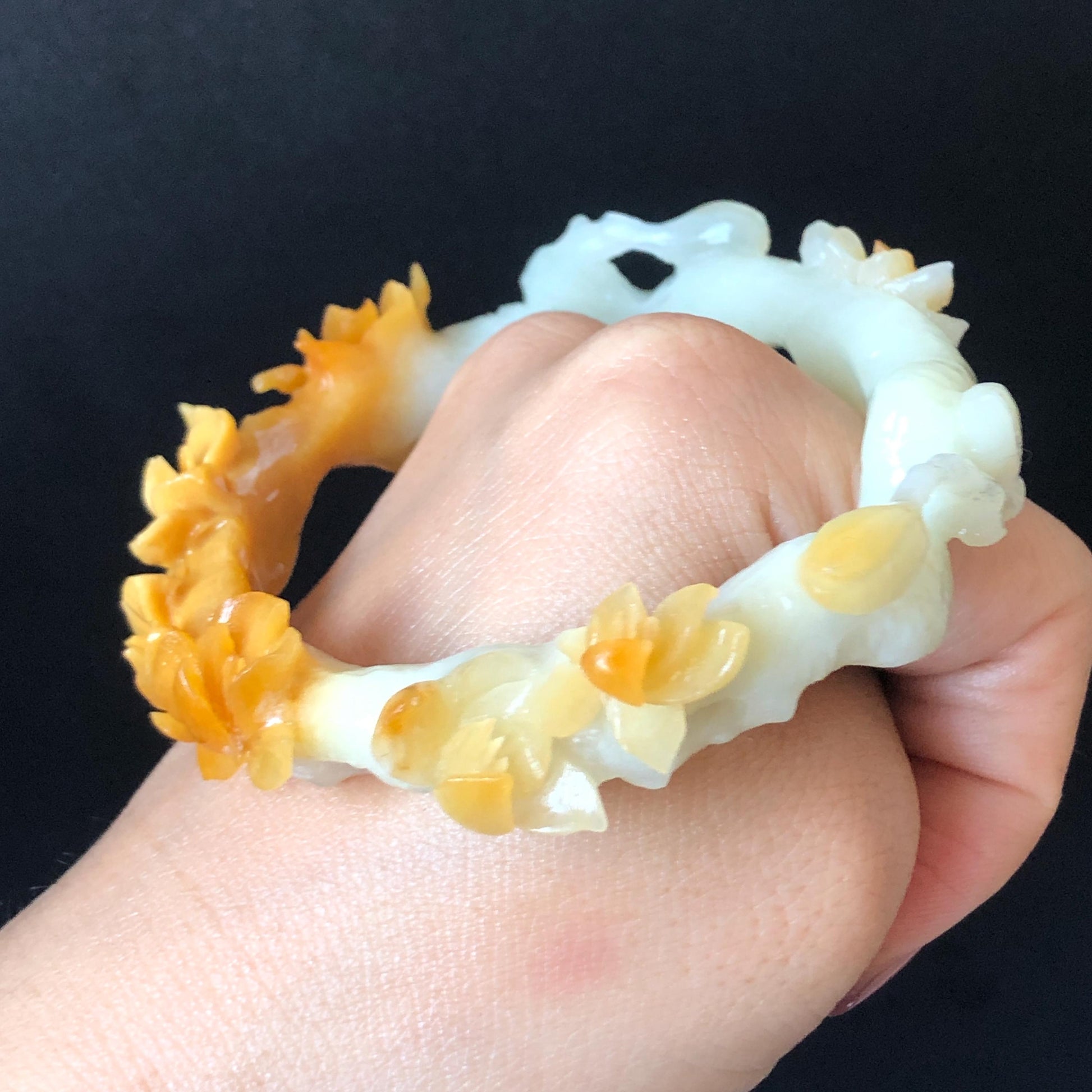 54.2mm Xiu Jade Serpentine Hand Carved Peach Blossom Flowers Bangle: Natural Yellow White Jade Handcrafted Bracelet with certificate