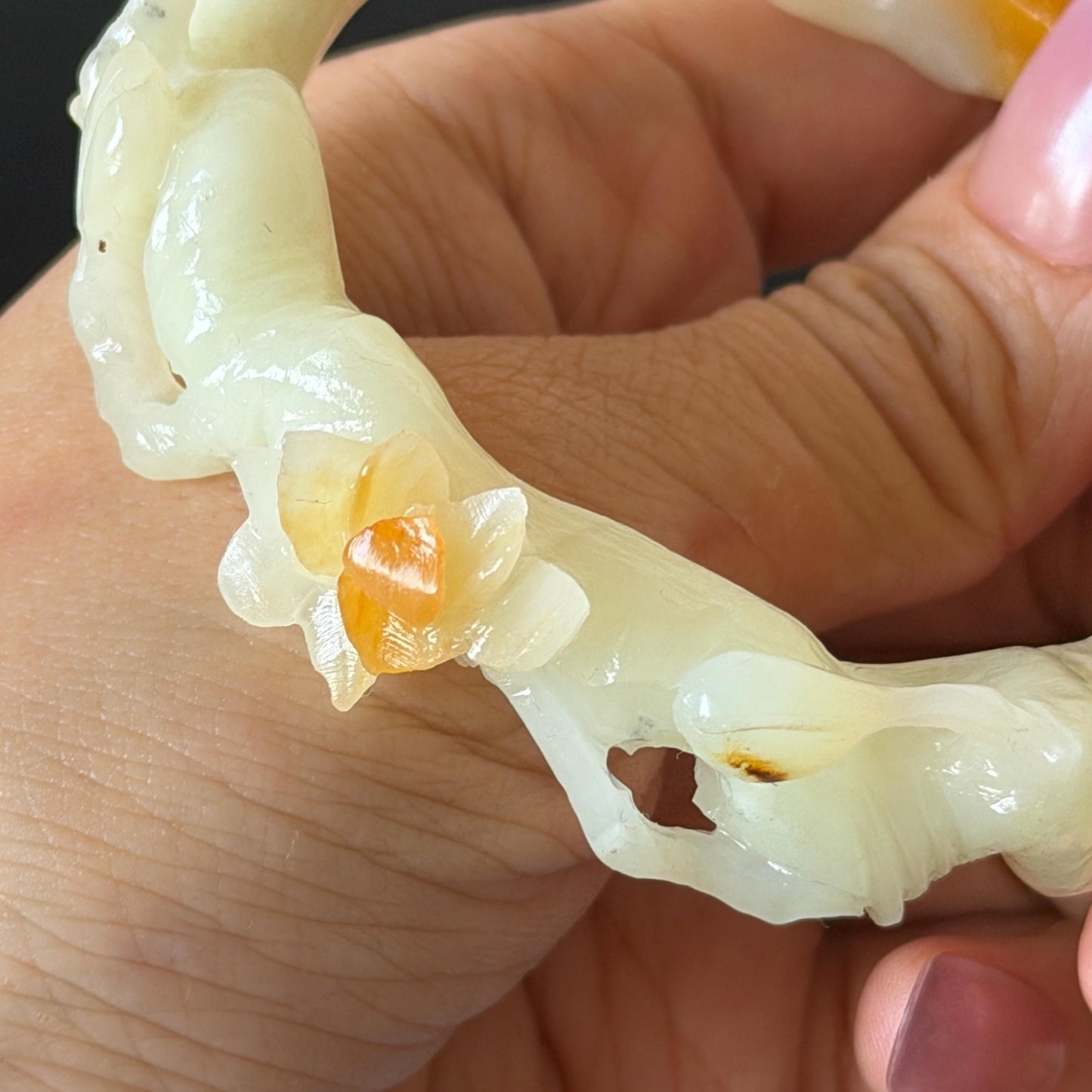 54.2mm Xiu Jade Serpentine Hand Carved Peach Blossom Flowers Bangle: Natural Yellow White Jade Handcrafted Bracelet, Stone Carving Gemstone Jewelry Gift for her yellow jade white Jade carving 3D stone carving flower bracelet peach blossom bracelet flower carving handcrafted bangle chinese jade flower lover gift vintage bangle antique bracelet multicolor jade bicolour jade with certificate certified natural untreated jade women jade bracelet hand engraved stone bangle