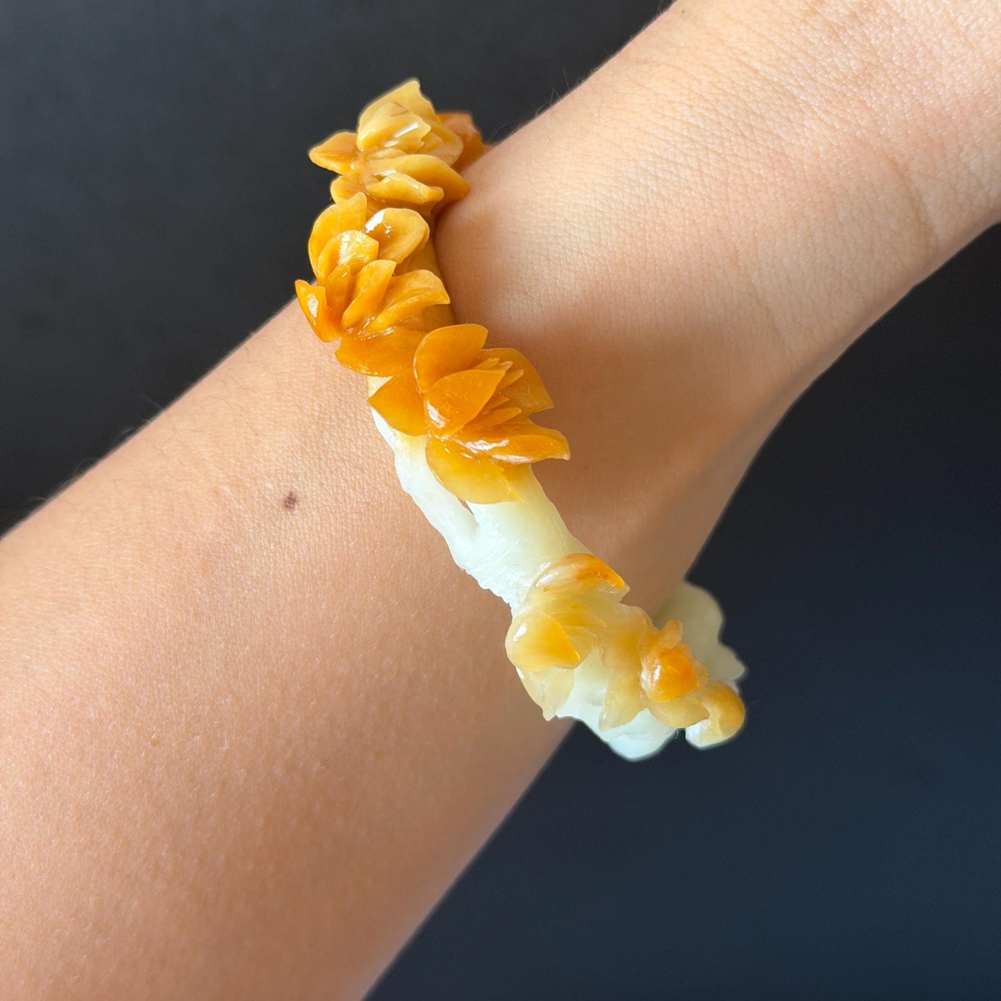 54.2mm Xiu Jade Serpentine Hand Carved Peach Blossom Flowers Bangle: Natural Yellow White Jade Handcrafted Bracelet, Stone Carving Gemstone Jewelry Gift for her yellow jade white Jade carving 3D stone carving flower bracelet peach blossom bracelet flower carving handcrafted bangle chinese jade flower lover gift vintage bangle antique bracelet multicolor jade bicolour jade with certificate certified natural untreated jade women jade bracelet hand engraved stone bangle