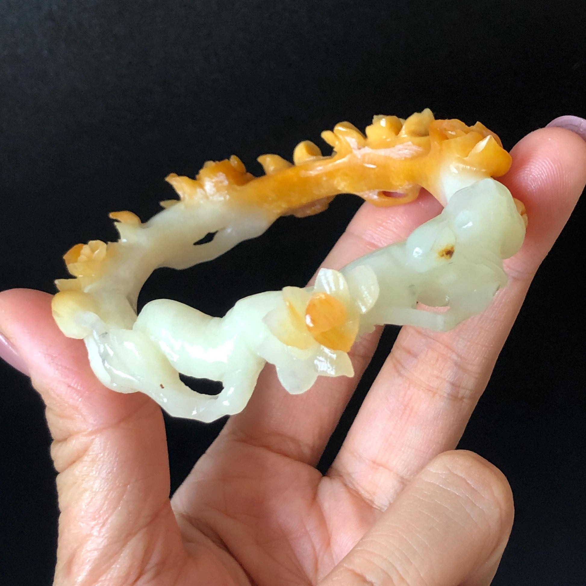 54.2mm Xiu Jade Serpentine Hand Carved Peach Blossom Flowers Bangle: Natural Yellow White Jade Handcrafted Bracelet, Stone Carving Gemstone Jewelry Gift for her yellow jade white Jade carving 3D stone carving flower bracelet peach blossom bracelet flower carving handcrafted bangle chinese jade flower lover gift vintage bangle antique bracelet multicolor jade bicolour jade with certificate certified natural untreated jade women jade bracelet hand engraved stone bangle