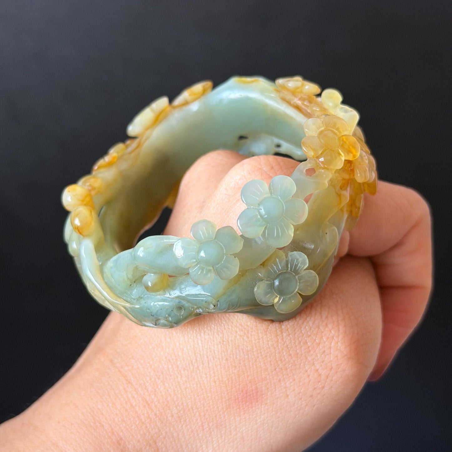 54.1mm Xiu Jade Serpentine Hand Carved Plum Blossom Flower Bangle: Natural Yellow Green Jade Handcrafted Bracelet, Hollow-out style 3D Stone Carving Gemstone Jewelry  Gift for her wide jade bangle jade carving hand engraved stone carving natural untreated jade bracelet green jade yellow jade multicolour jade handcraft jade flower carving floral bracelet chinese jade vintage bangle antique bracelet