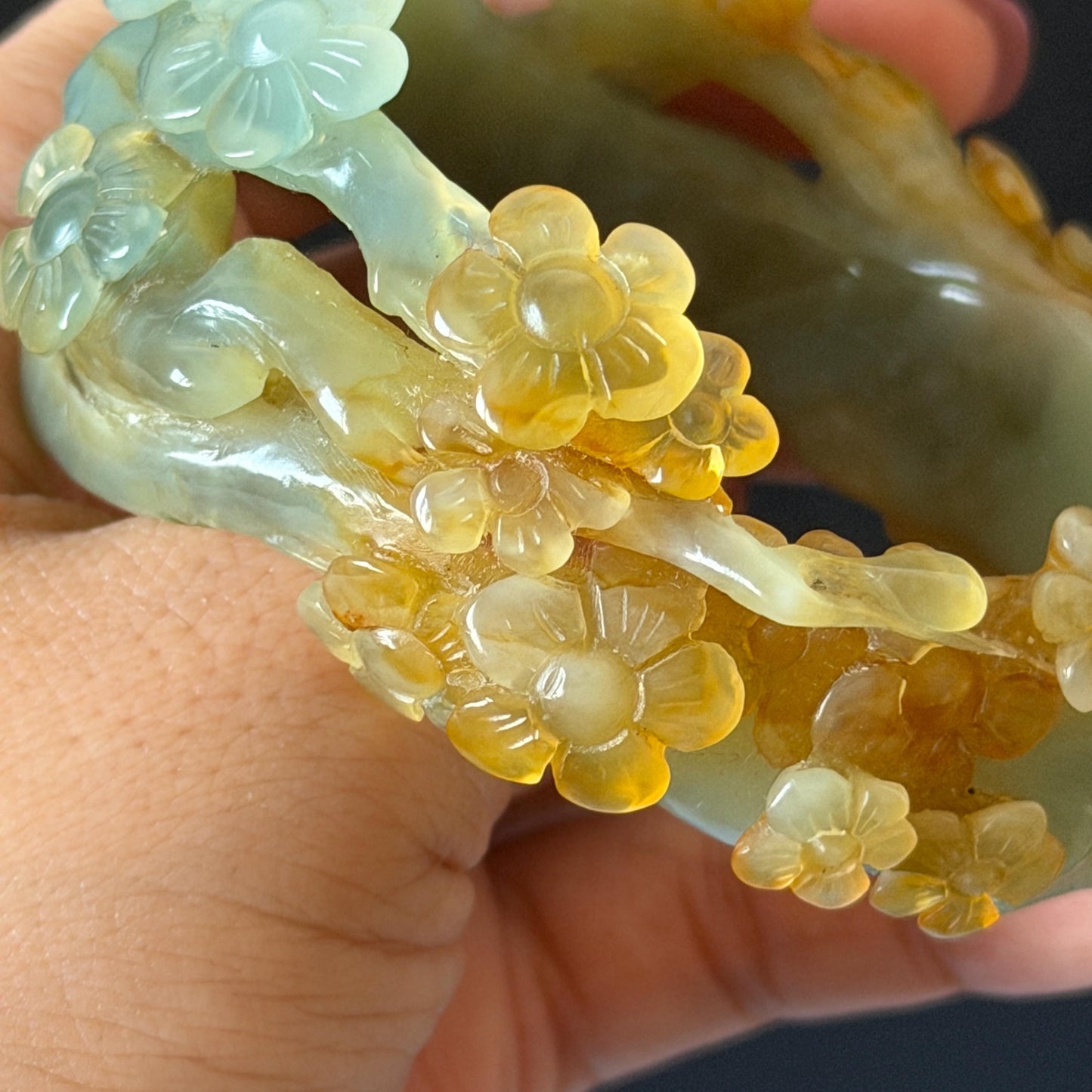 54.1mm Xiu Jade Serpentine Hand Carved Plum Blossom Flower Bangle: Natural Yellow Green Jade Handcrafted Bracelet, Hollow-out style 3D Stone Carving Gemstone Jewelry  Gift for her wide jade bangle jade carving hand engraved stone carving natural untreated jade bracelet green jade yellow jade multicolour jade handcraft jade flower carving floral bracelet chinese jade vintage bangle antique bracelet