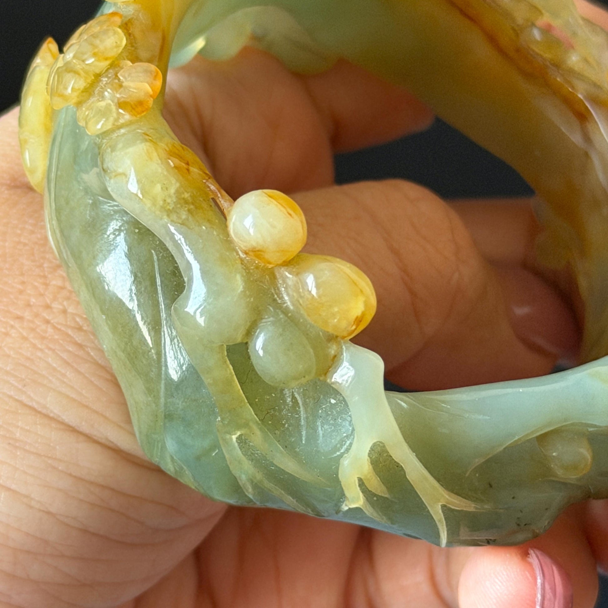 54.1mm Xiu Jade Serpentine Hand Carved Plum Blossom Flower Bangle: Natural Yellow Green Jade Handcrafted Bracelet, Hollow-out style 3D Stone Carving Gemstone Jewelry  Gift for her wide jade bangle jade carving hand engraved stone carving natural untreated jade bracelet green jade yellow jade multicolour jade handcraft jade flower carving floral bracelet chinese jade vintage bangle antique bracelet