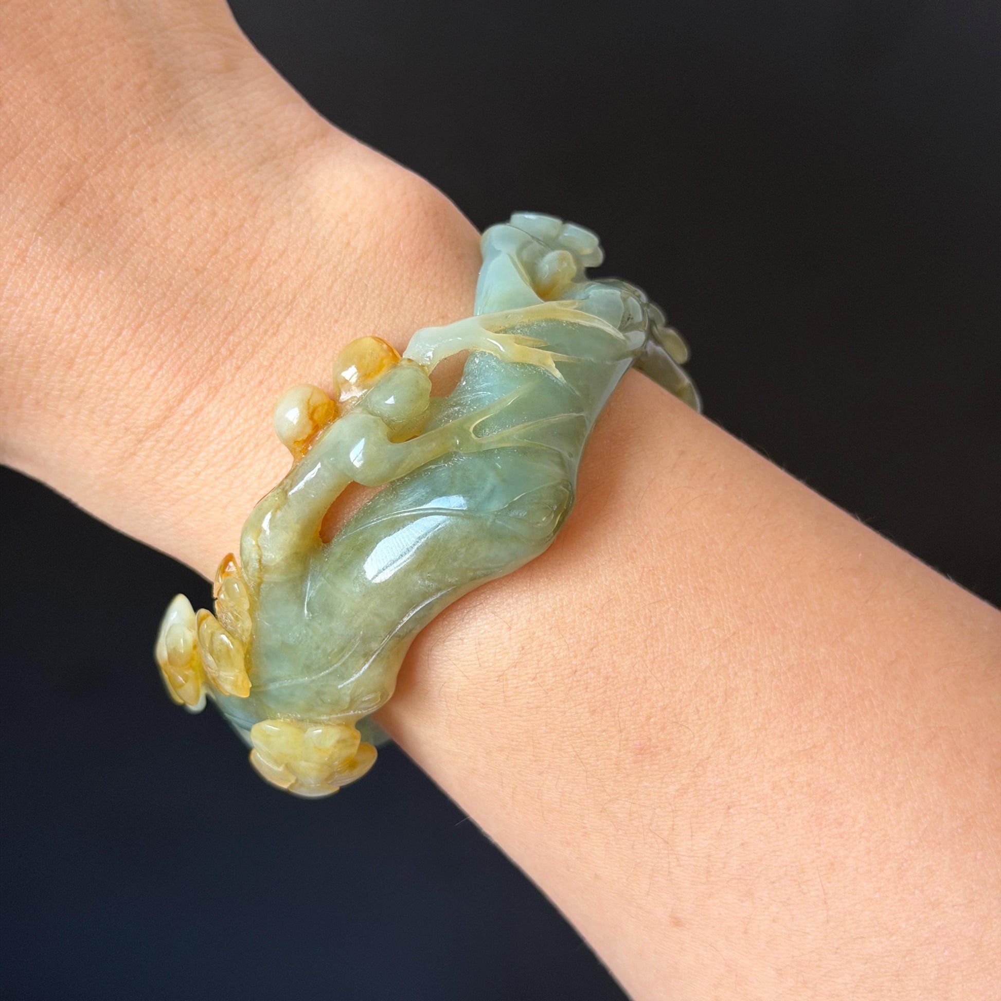 54.1mm Xiu Jade Serpentine Hand Carved Plum Blossom Flower Bangle: Natural Yellow Green Jade Handcrafted Bracelet, Hollow-out style 3D Stone Carving Gemstone Jewelry  Gift for her wide jade bangle jade carving hand engraved stone carving natural untreated jade bracelet green jade yellow jade multicolour jade handcraft jade flower carving floral bracelet chinese jade vintage bangle antique bracelet