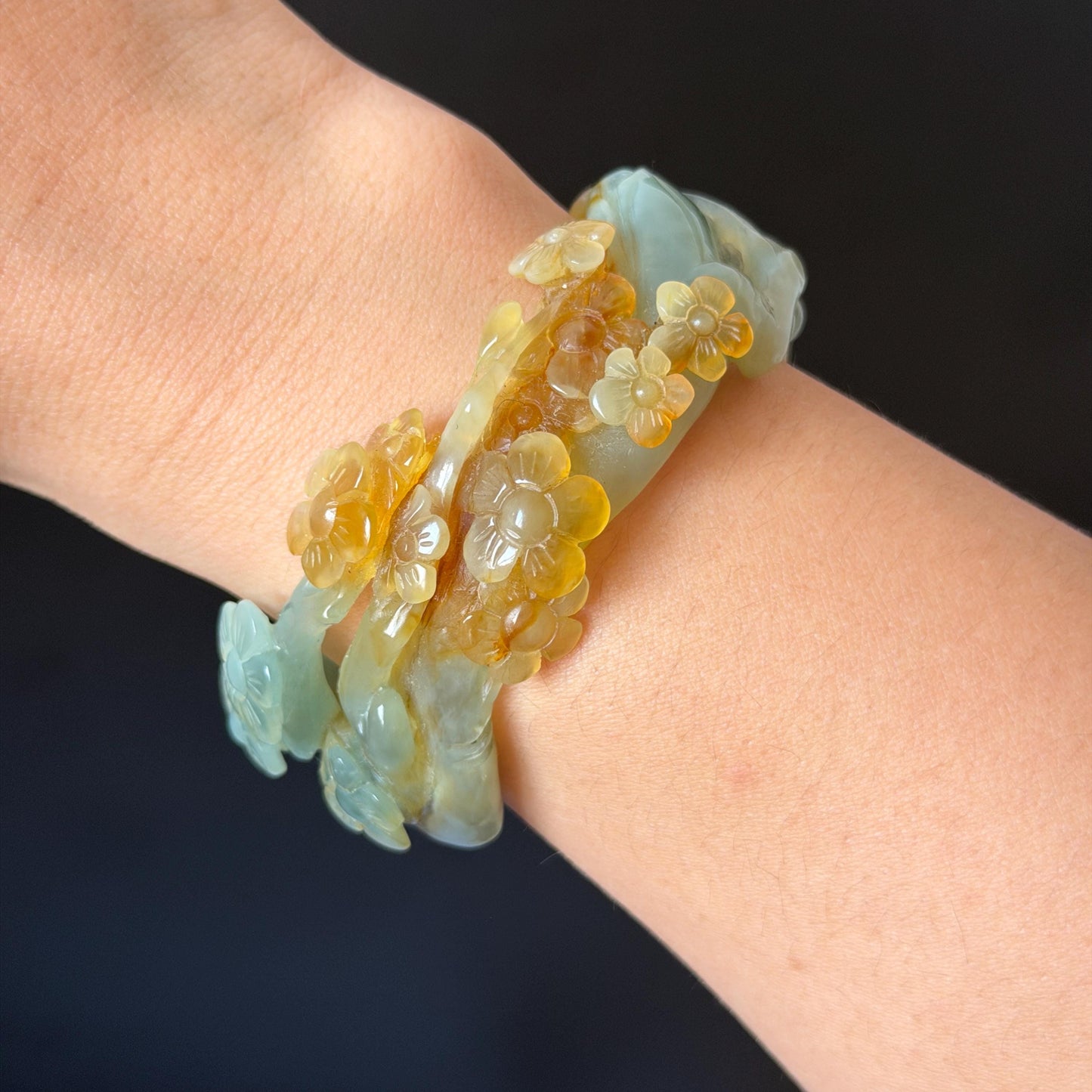 54.1mm Xiu Jade Serpentine Hand Carved Plum Blossom Flower Bangle: Natural Yellow Green Jade Handcrafted Bracelet, Hollow-out style 3D Stone Carving Gemstone Jewelry  Gift for her wide jade bangle jade carving hand engraved stone carving natural untreated jade bracelet green jade yellow jade multicolour jade handcraft jade flower carving floral bracelet chinese jade vintage bangle antique bracelet