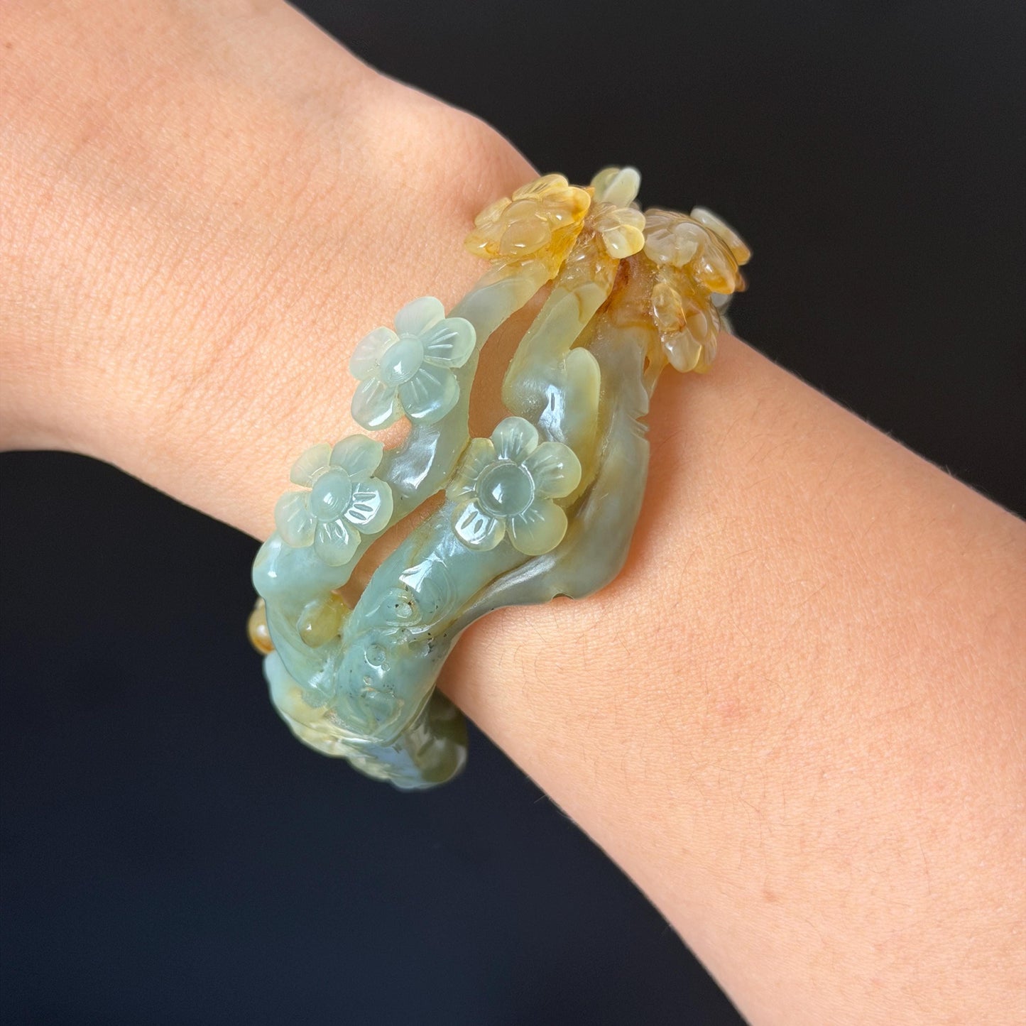 54.1mm Xiu Jade Serpentine Hand Carved Plum Blossom Flower Bangle: Natural Yellow Green Jade Handcrafted Bracelet, Hollow-out style 3D Stone Carving Gemstone Jewelry  Gift for her wide jade bangle jade carving hand engraved stone carving natural untreated jade bracelet green jade yellow jade multicolour jade handcraft jade flower carving floral bracelet chinese jade vintage bangle antique bracelet