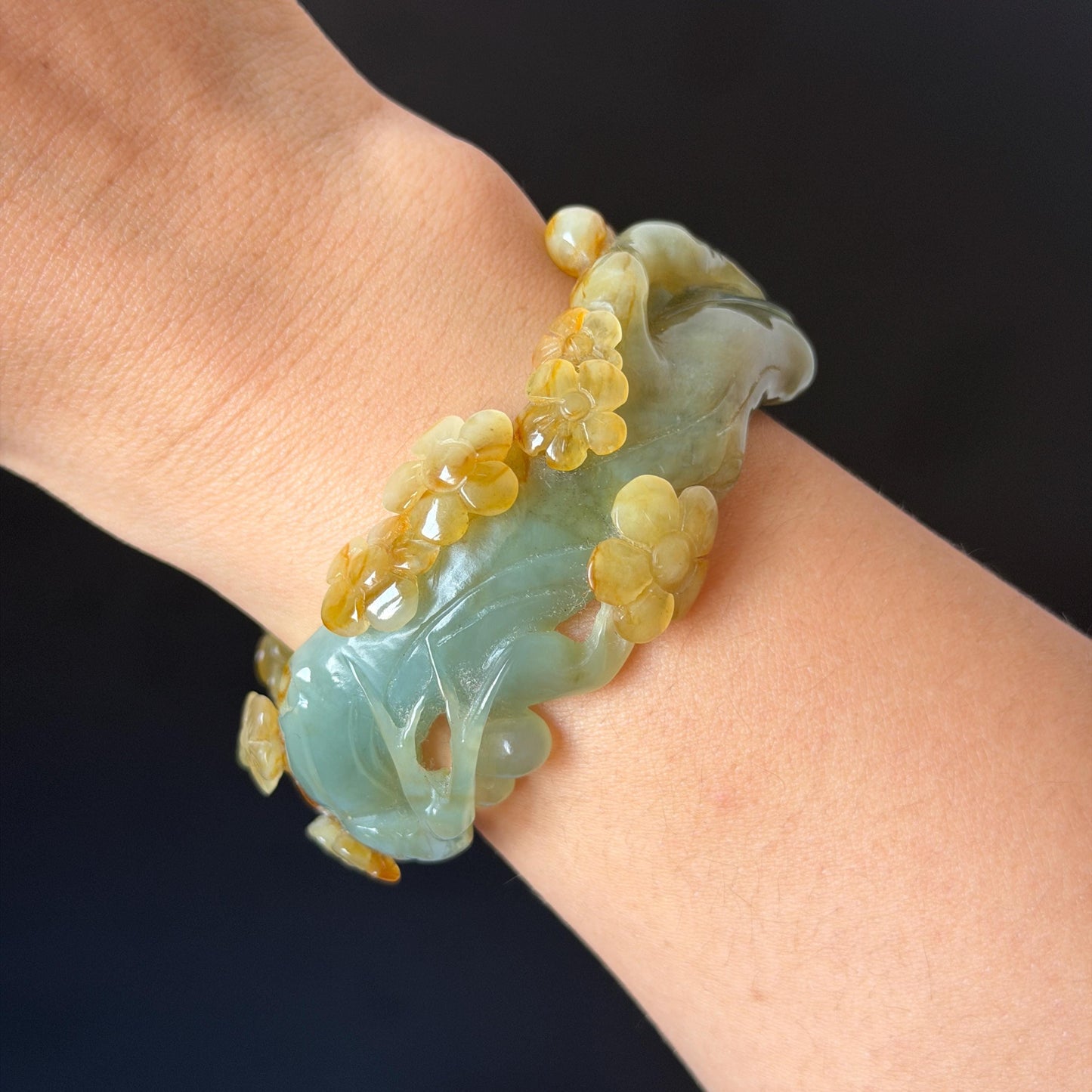 54.1mm Xiu Jade Serpentine Hand Carved Plum Blossom Flower Bangle: Natural Yellow Green Jade Handcrafted Bracelet, Hollow-out style 3D Stone Carving Gemstone Jewelry  Gift for her wide jade bangle jade carving hand engraved stone carving natural untreated jade bracelet green jade yellow jade multicolour jade handcraft jade flower carving floral bracelet chinese jade vintage bangle antique bracelet