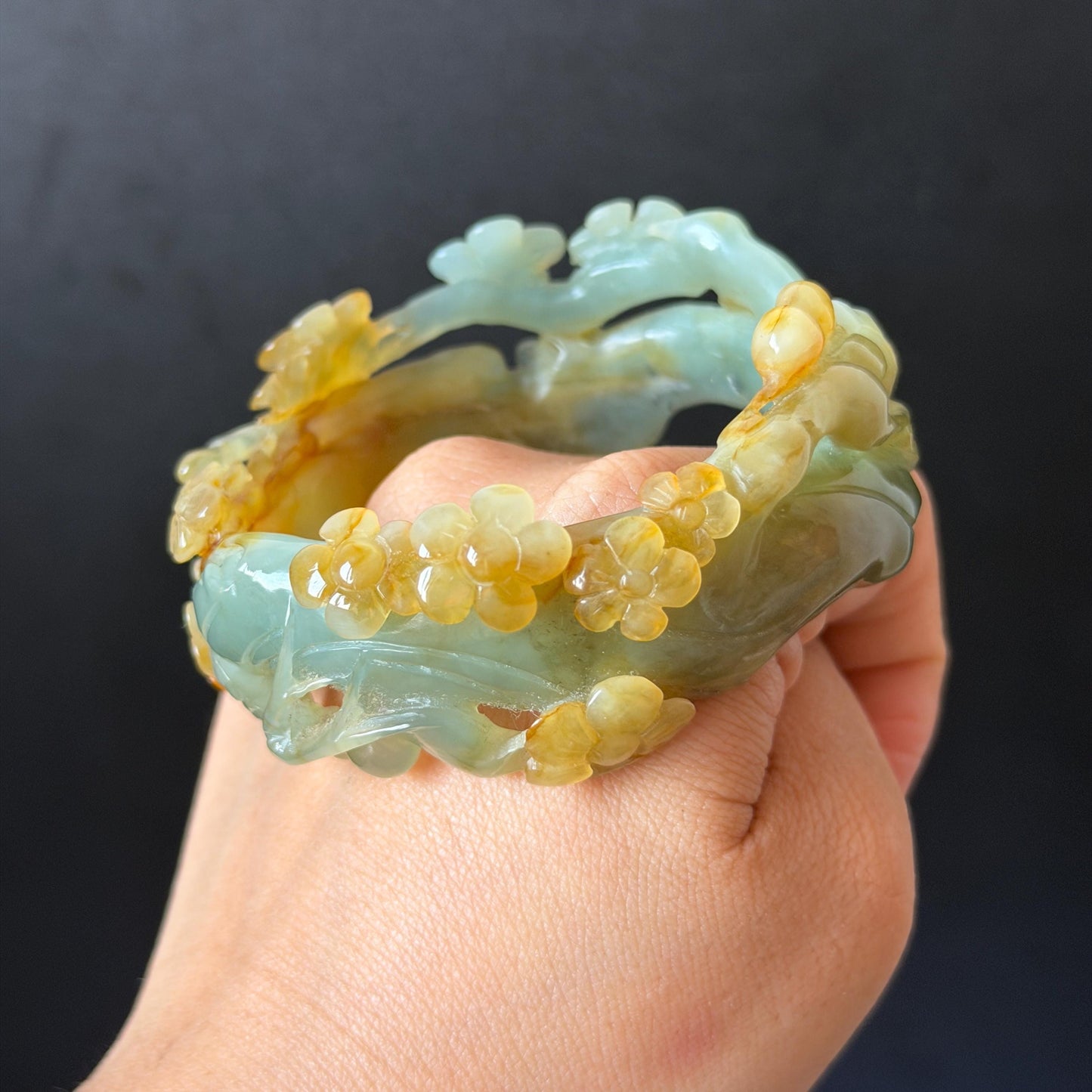 54.1mm Xiu Jade Serpentine Hand Carved Plum Blossom Flower Bangle: Natural Yellow Green Jade Handcrafted Bracelet, Hollow-out style 3D Stone Carving Gemstone Jewelry  Gift for her wide jade bangle jade carving hand engraved stone carving natural untreated jade bracelet green jade yellow jade multicolour jade handcraft jade flower carving floral bracelet chinese jade vintage bangle antique bracelet