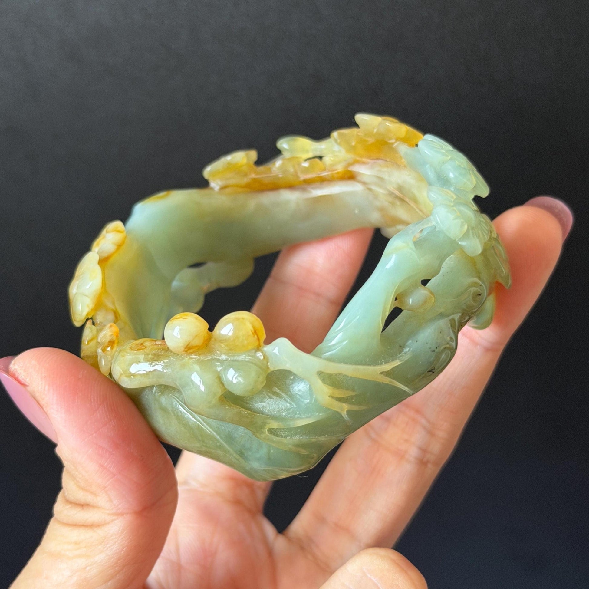 54.1mm Xiu Jade Serpentine Hand Carved Plum Blossom Flower Bangle: Natural Yellow Green Jade Handcrafted Bracelet, Hollow-out style 3D Stone Carving Gemstone Jewelry  Gift for her wide jade bangle jade carving hand engraved stone carving natural untreated jade bracelet green jade yellow jade multicolour jade handcraft jade flower carving floral bracelet chinese jade vintage bangle antique bracelet