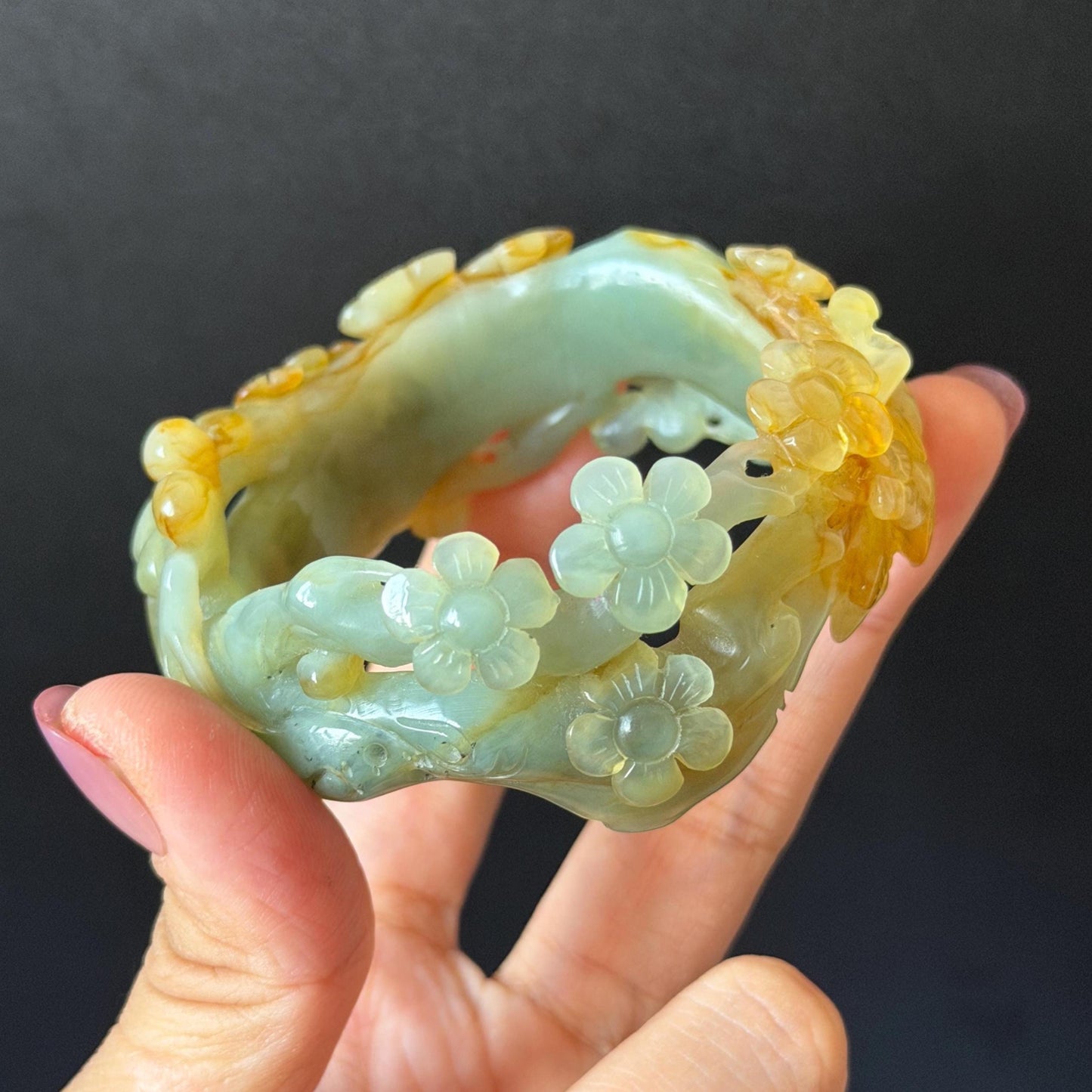 54.1mm Xiu Jade Serpentine Hand Carved Plum Blossom Flower Bangle: Natural Yellow Green Jade Handcrafted Bracelet, Hollow-out style 3D Stone Carving Gemstone Jewelry  Gift for her wide jade bangle jade carving hand engraved stone carving natural untreated jade bracelet green jade yellow jade multicolour jade handcraft jade flower carving floral bracelet chinese jade vintage bangle antique bracelet