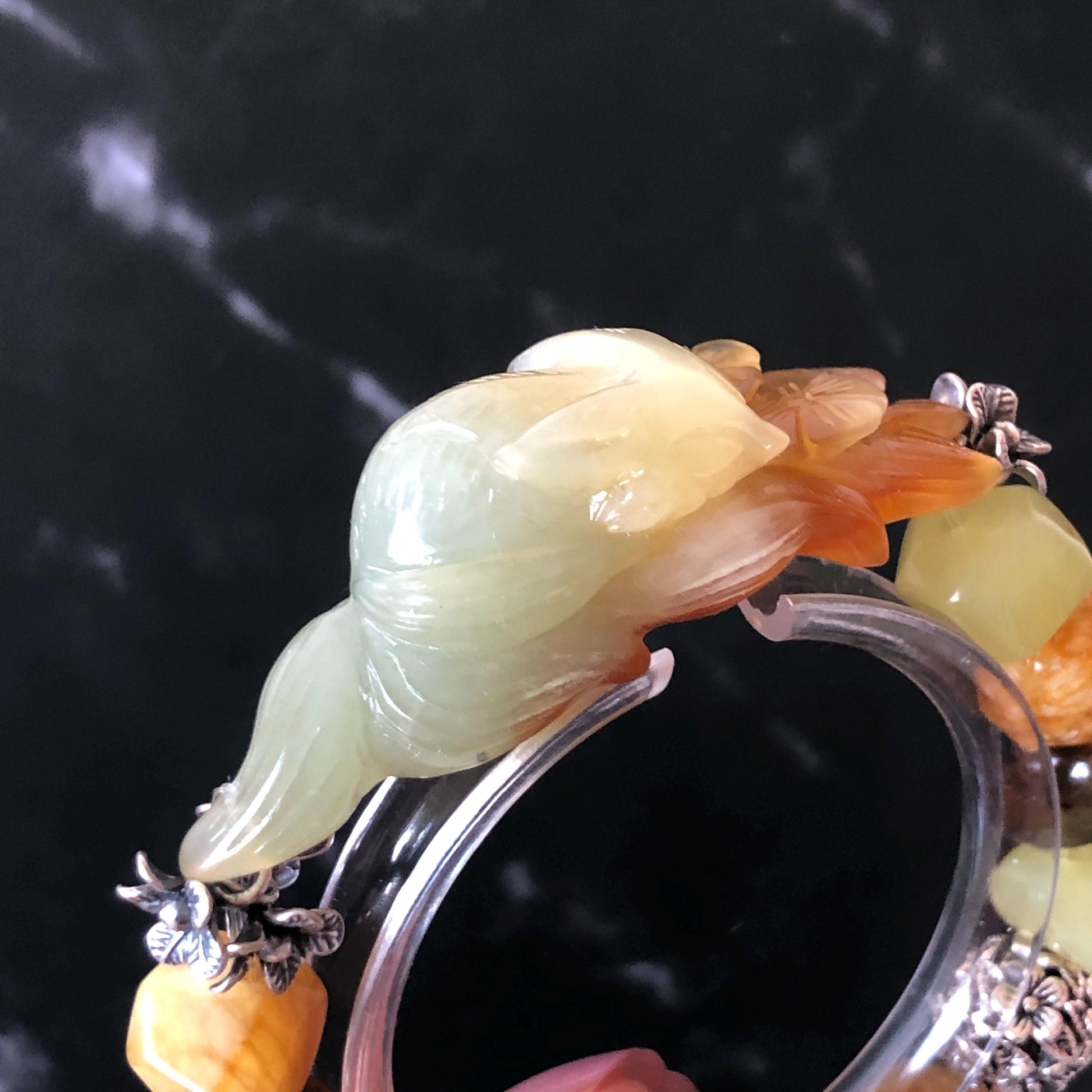 Xiu Jade Serpentine Hand Carved Nine-tailed Fox & Flower with Irregular Bead Bracelet: Natural Orange Brown White Jade with Vintage Tibetan Silver | Gift for her bracelet jade carving hand engraved orange jade brown jade white jade hand engraved jade bracelet hand carved jade charm hand engraved jade pendant irregular bead bracelet big beaded bracelet elastic stretch bracelet silver accessory vintage bracelet antique bracelet nine tail fox carving engraved fox 3D stone carving