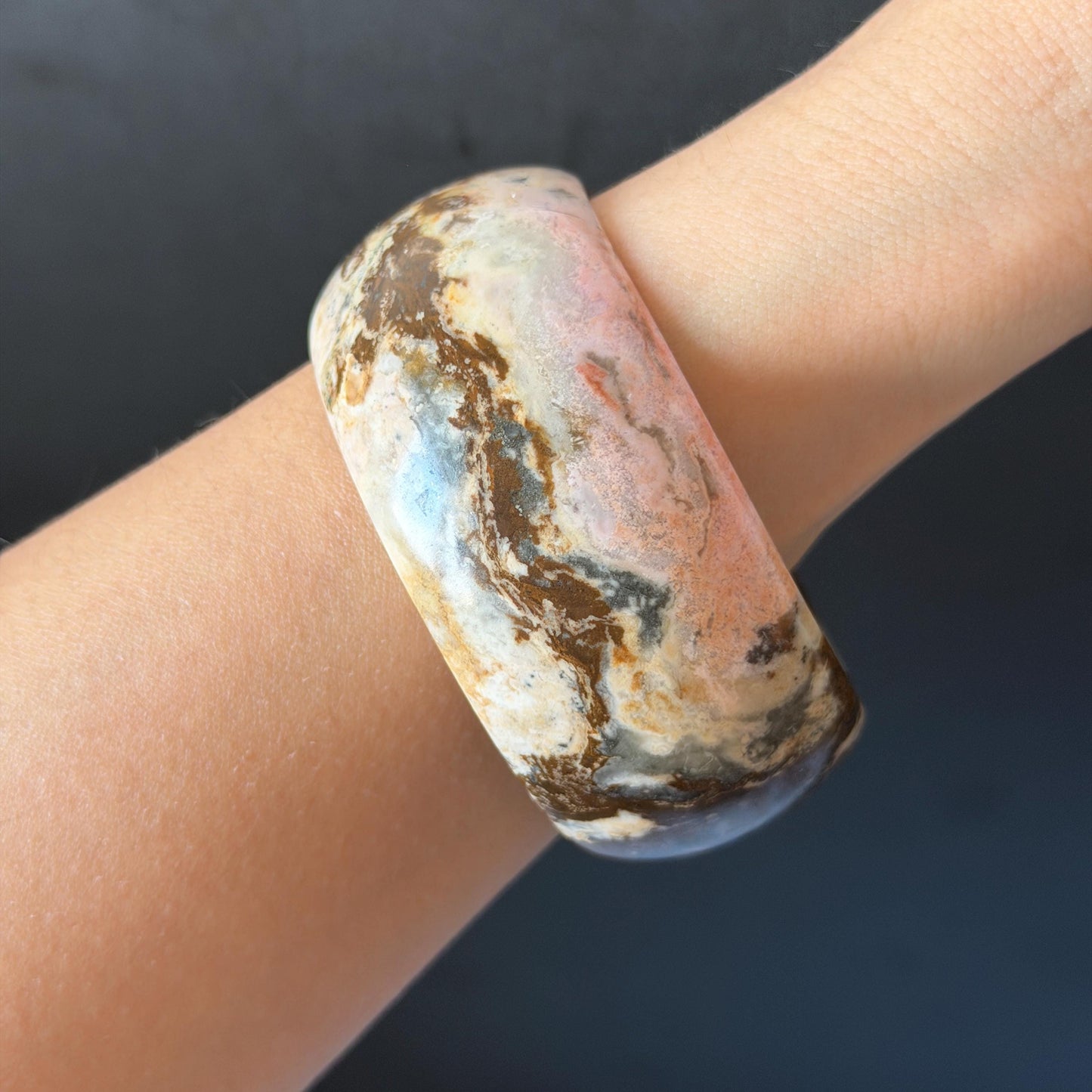 59.3mm Natural Untreated Rhodonite Crystal Bangle: Soaring Dragon Scenery Wide Bracelet, Pink & Brown Healing Stone Heart Chakra Crystal Gift for her rhodonite bangle pink rhodonite bracelet pink crystal bracelet pink stone bangle pink gemstone bracelet green crystal golden crystal wide bangle healing crystal love stone meditative crystal heart chakra crystal vintage bangle gemstone bangle dragon bangle dragon bracelet brown bangle dragon crystal dragon lover gift women bangle leopard print