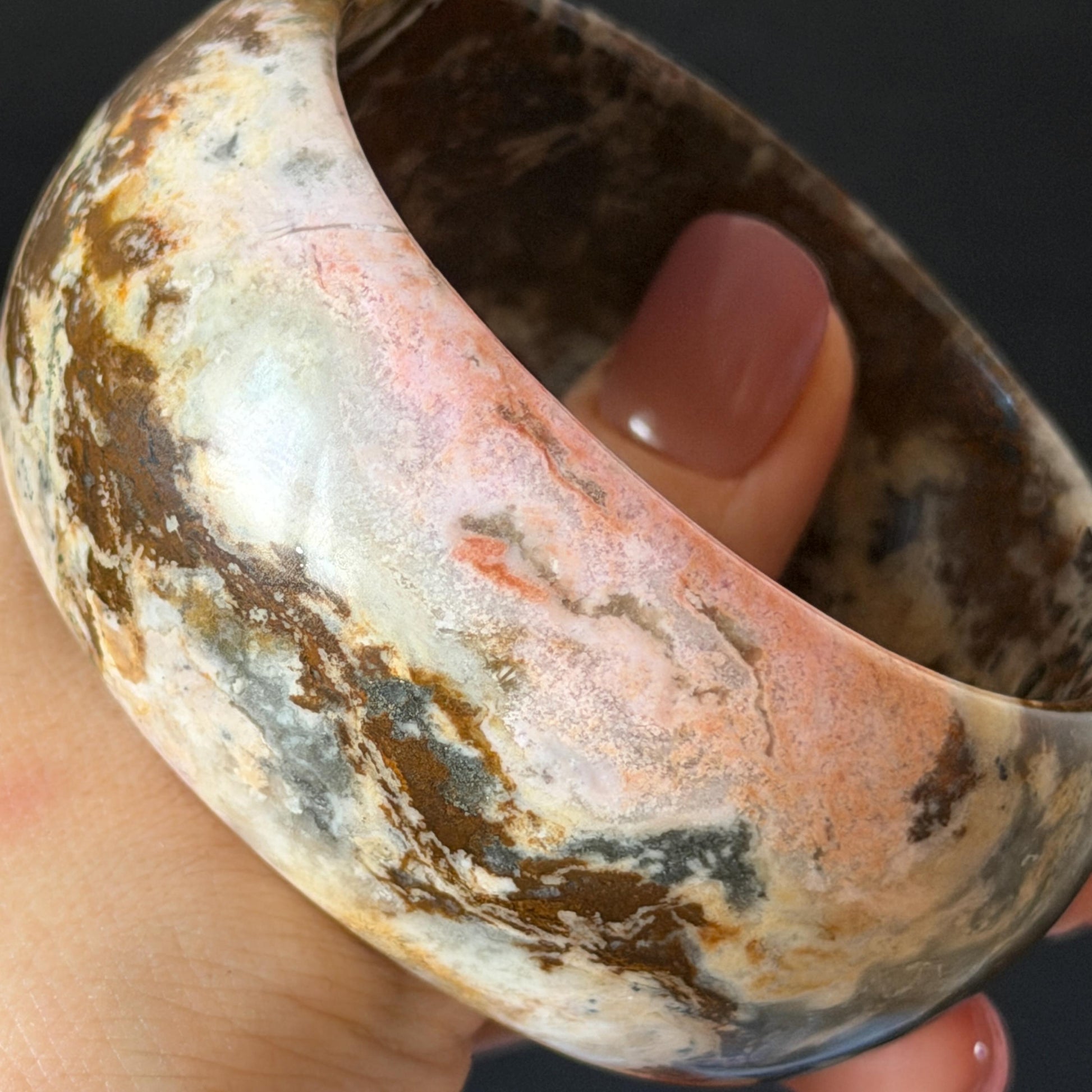 59.3mm Natural Untreated Rhodonite Crystal Bangle: Soaring Dragon Scenery Wide Bracelet, Pink & Brown Healing Stone Heart Chakra Crystal Gift for her rhodonite bangle pink rhodonite bracelet pink crystal bracelet pink stone bangle pink gemstone bracelet green crystal golden crystal wide bangle healing crystal love stone meditative crystal heart chakra crystal vintage bangle gemstone bangle dragon bangle dragon bracelet brown bangle dragon crystal dragon lover gift women bangle leopard print