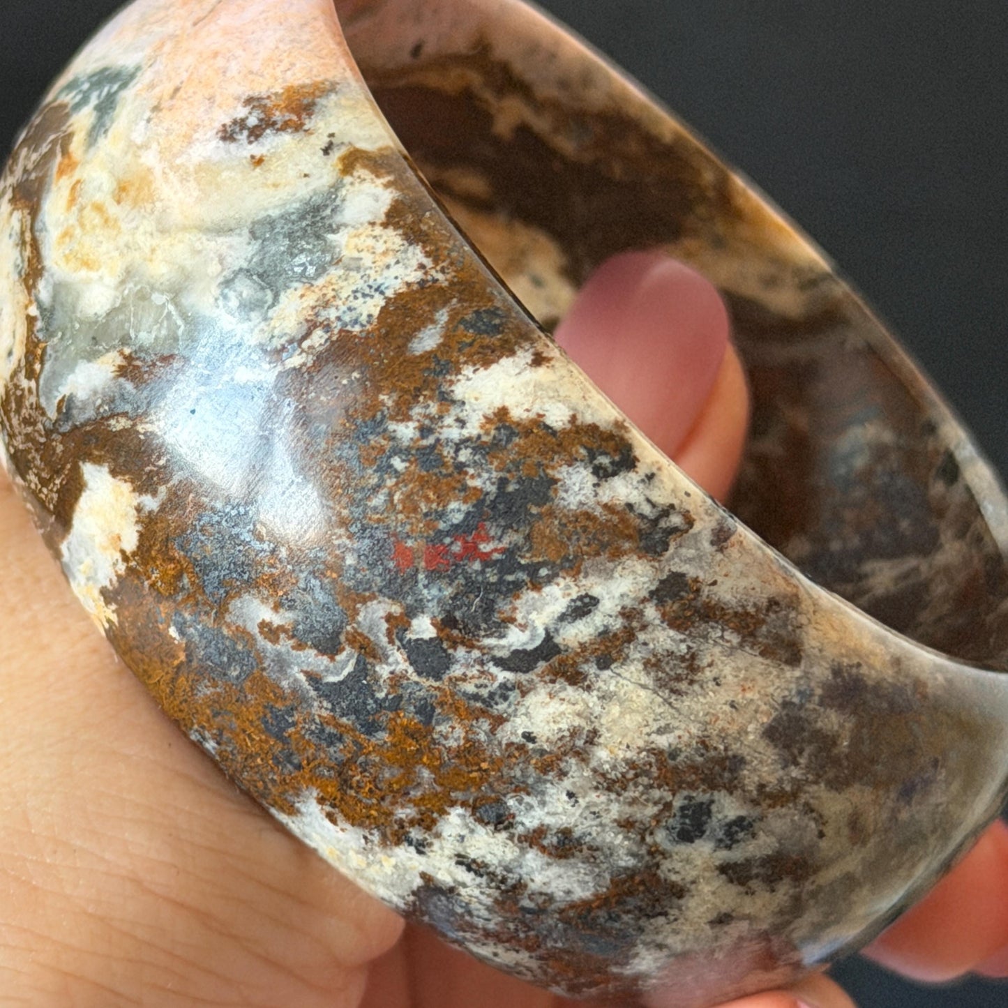 59.3mm Natural Untreated Rhodonite Crystal Bangle: Soaring Dragon Scenery Wide Bracelet, Pink & Brown Healing Stone Heart Chakra Crystal Gift for her rhodonite bangle pink rhodonite bracelet pink crystal bracelet pink stone bangle pink gemstone bracelet green crystal golden crystal wide bangle healing crystal love stone meditative crystal heart chakra crystal vintage bangle gemstone bangle dragon bangle dragon bracelet brown bangle dragon crystal dragon lover gift women bangle leopard print
