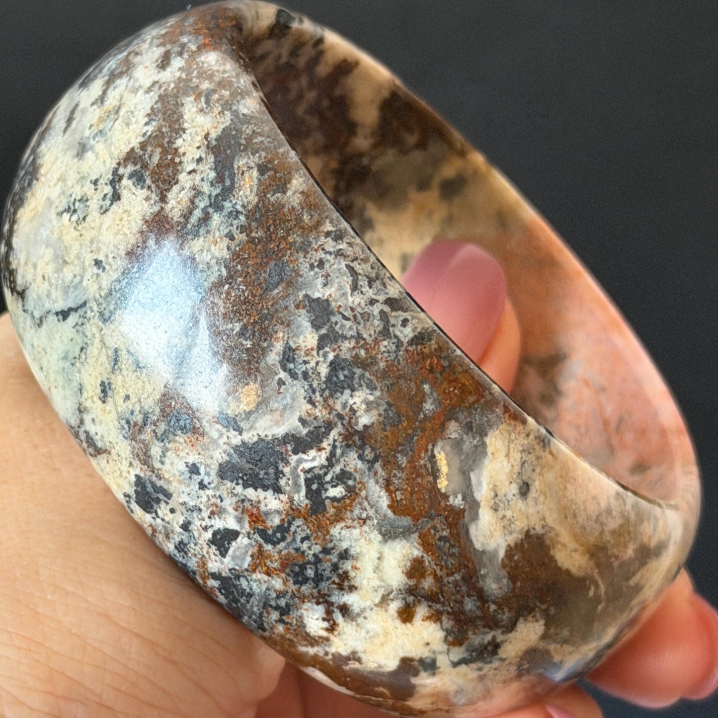 59.3mm Natural Untreated Rhodonite Crystal Bangle: Soaring Dragon Scenery Wide Bracelet, Pink & Brown Healing Stone Heart Chakra Crystal Gift for her rhodonite bangle pink rhodonite bracelet pink crystal bracelet pink stone bangle pink gemstone bracelet green crystal golden crystal wide bangle healing crystal love stone meditative crystal heart chakra crystal vintage bangle gemstone bangle dragon bangle dragon bracelet brown bangle dragon crystal dragon lover gift women bangle leopard print