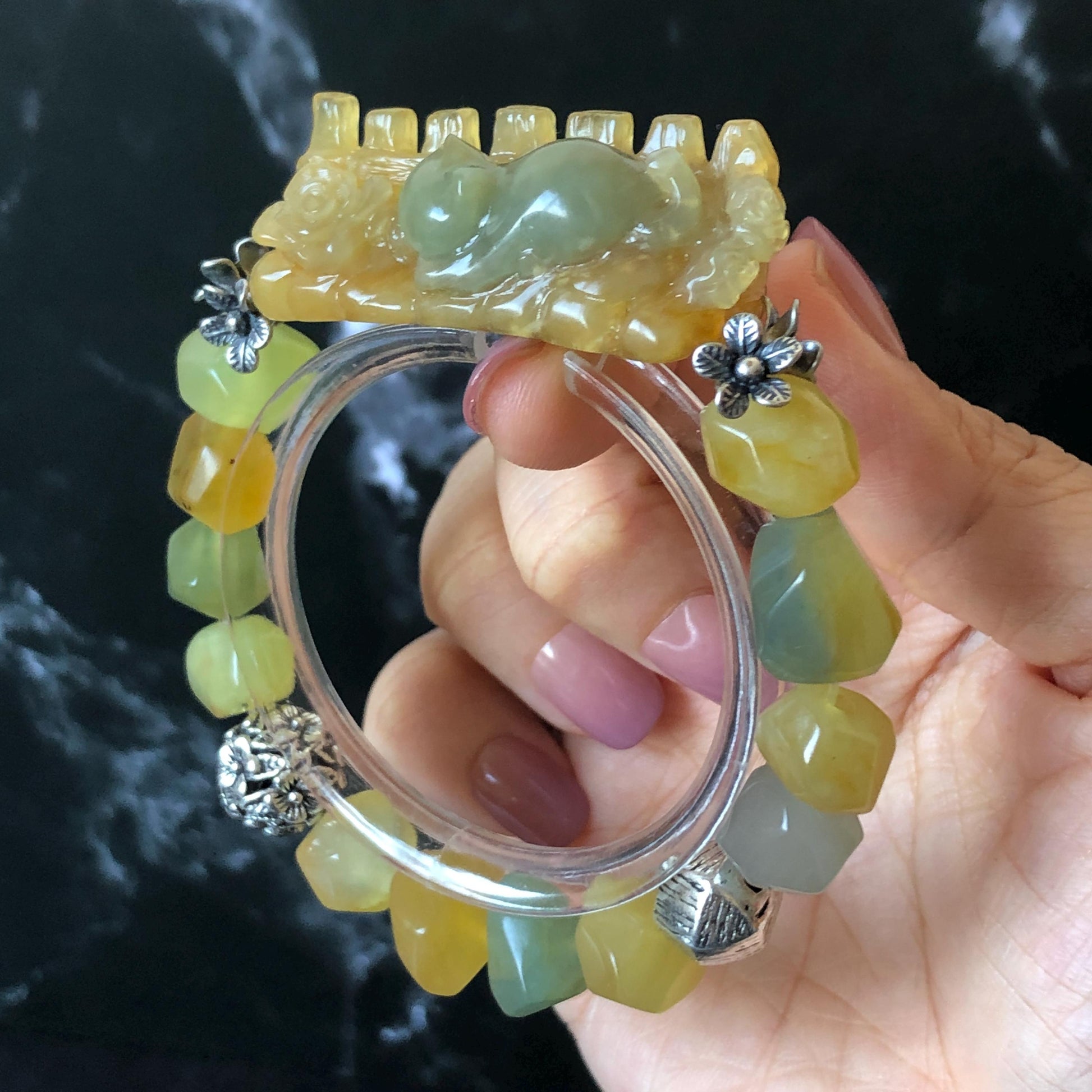 Natural Xiu Jade Serpentine Hand Carved Cat Kitten with Flowers Charm with Irregular Bead Bracelet: Handcrafted Yellow & Green Jade Beads with Vintage Tibetan Silver Accessory| Crystal Stone Gemstone Gift for her Multi colour Jade customised bracelet hand engraved jade bracelet carved charm carved pendant cat carving kitten bracelet yellow jade green jade bi color jade silver bracelet tailor made bracelet personalised diy bracelet untreated jade elastic stretch bracelet cat lover gift