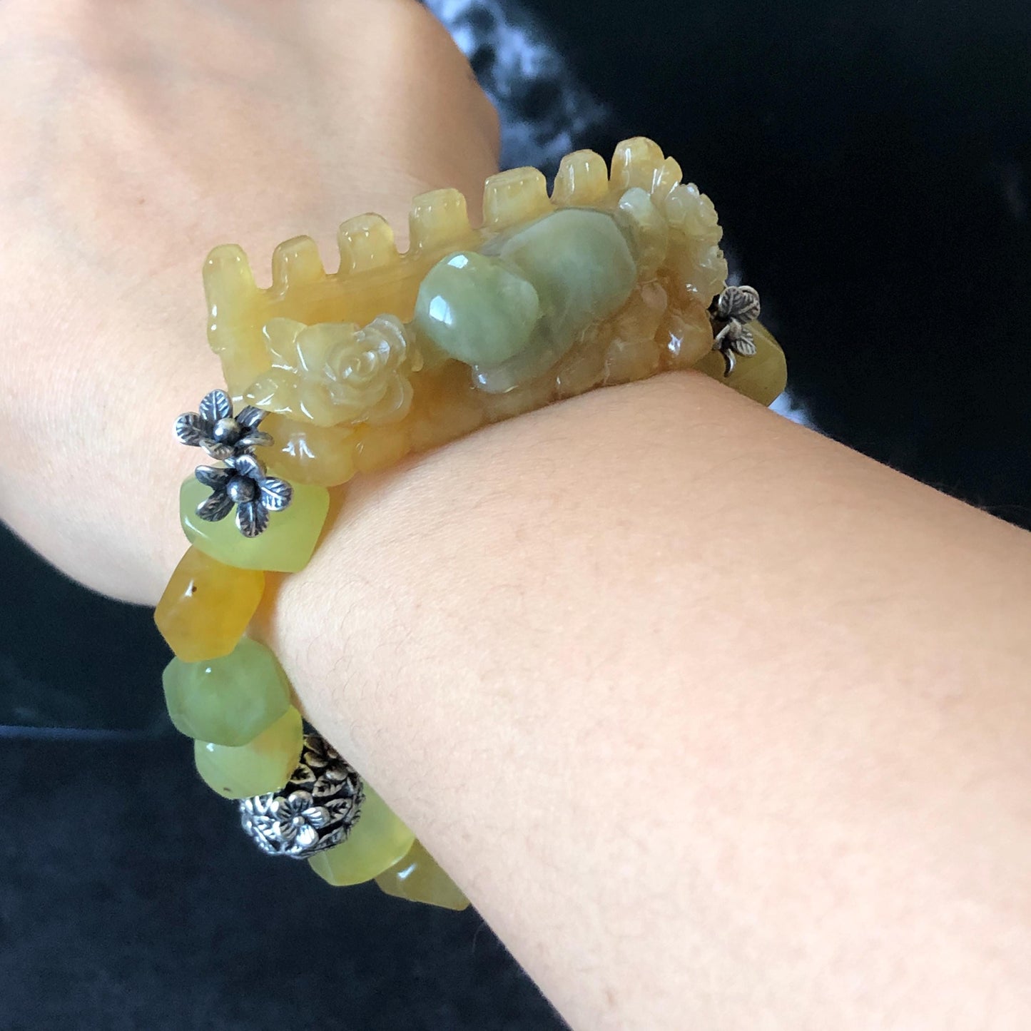 Natural Xiu Jade Serpentine Hand Carved Cat Kitten with Flowers Charm with Irregular Bead Bracelet: Handcrafted Yellow & Green Jade Beads with Vintage Tibetan Silver Accessory| Crystal Stone Gemstone Gift for her Multi colour Jade customised bracelet hand engraved jade bracelet carved charm carved pendant cat carving kitten bracelet yellow jade green jade bi color jade silver bracelet tailor made bracelet personalised diy bracelet untreated jade elastic stretch bracelet cat lover gift