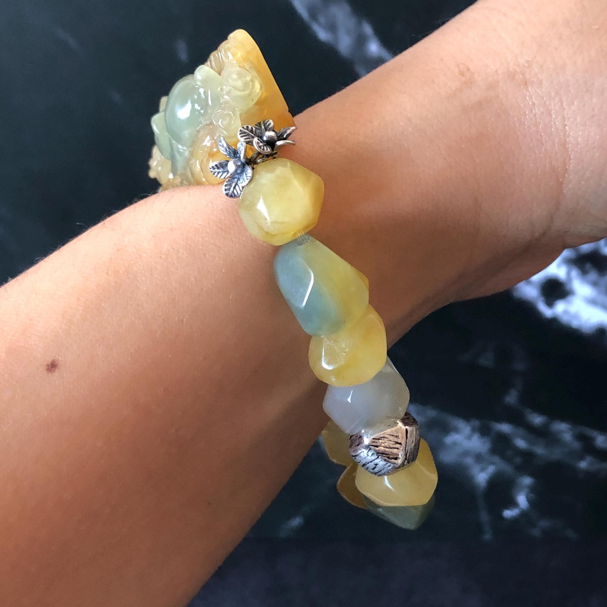 Natural Xiu Jade Serpentine Hand Carved Cat Kitten with Flowers Charm with Irregular Bead Bracelet: Handcrafted Yellow & Green Jade Beads with Vintage Tibetan Silver Accessory| Crystal Stone Gemstone Gift for her Multi colour Jade customised bracelet hand engraved jade bracelet carved charm carved pendant cat carving kitten bracelet yellow jade green jade bi color jade silver bracelet tailor made bracelet personalised diy bracelet untreated jade elastic stretch bracelet cat lover gift