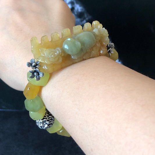 Natural Xiu Jade Serpentine Hand Carved Cat Kitten with Flowers Charm with Irregular Bead Bracelet: Handcrafted Yellow & Green Jade Beads with Vintage Tibetan Silver Accessory| Crystal Stone Gemstone Gift for her Multi colour Jade customised bracelet hand engraved jade bracelet carved charm carved pendant cat carving kitten bracelet yellow jade green jade bi color jade silver bracelet tailor made bracelet personalised diy bracelet untreated jade elastic stretch bracelet cat lover gift