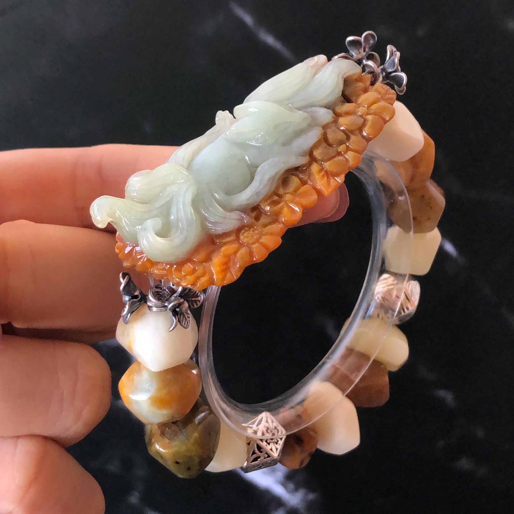 Xiu Jade Serpentine Hand Carved Nine-tailed Fox & Flower with Irregular Bead Bracelet: Natural Brown White Jade with Vintage Tibetan Silver | Gift for her bracelet jade carving hand engraved orange jade brown jade white jade hand engraved jade bracelet hand carved jade charm hand engraved jade pendant irregular bead bracelet big beaded bracelet elastic stretch bracelet silver accessory vintage bracelet antique bracelet nine tail fox carving engraved fox 3D stone carving
