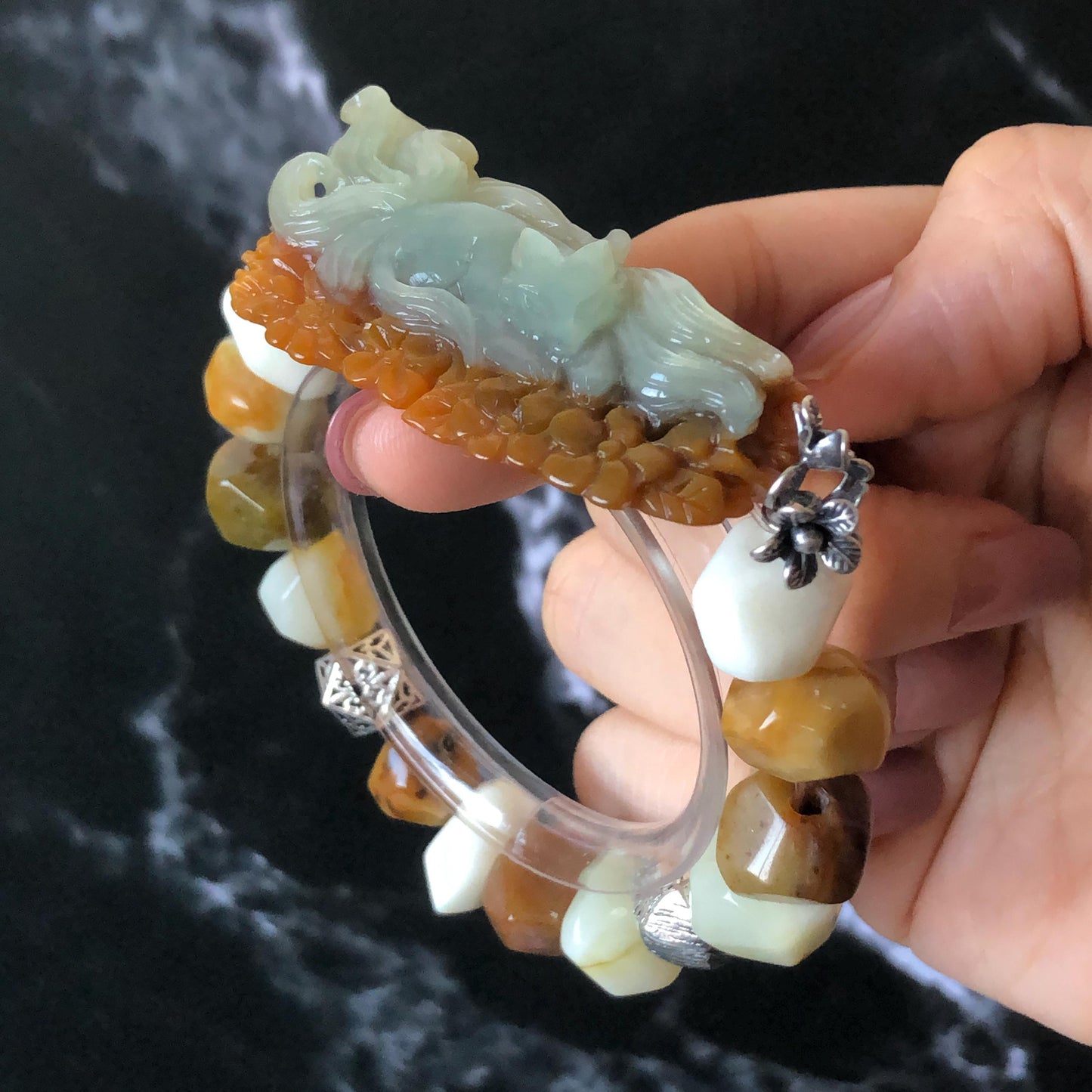 Xiu Jade Serpentine Hand Carved Nine-tailed Fox & Flower with Irregular Bead Bracelet: Natural Brown White Jade with Vintage Tibetan Silver | Gift for her bracelet jade carving hand engraved orange jade brown jade white jade hand engraved jade bracelet hand carved jade charm hand engraved jade pendant irregular bead bracelet big beaded bracelet elastic stretch bracelet silver accessory vintage bracelet antique bracelet nine tail fox carving engraved fox 3D stone carving