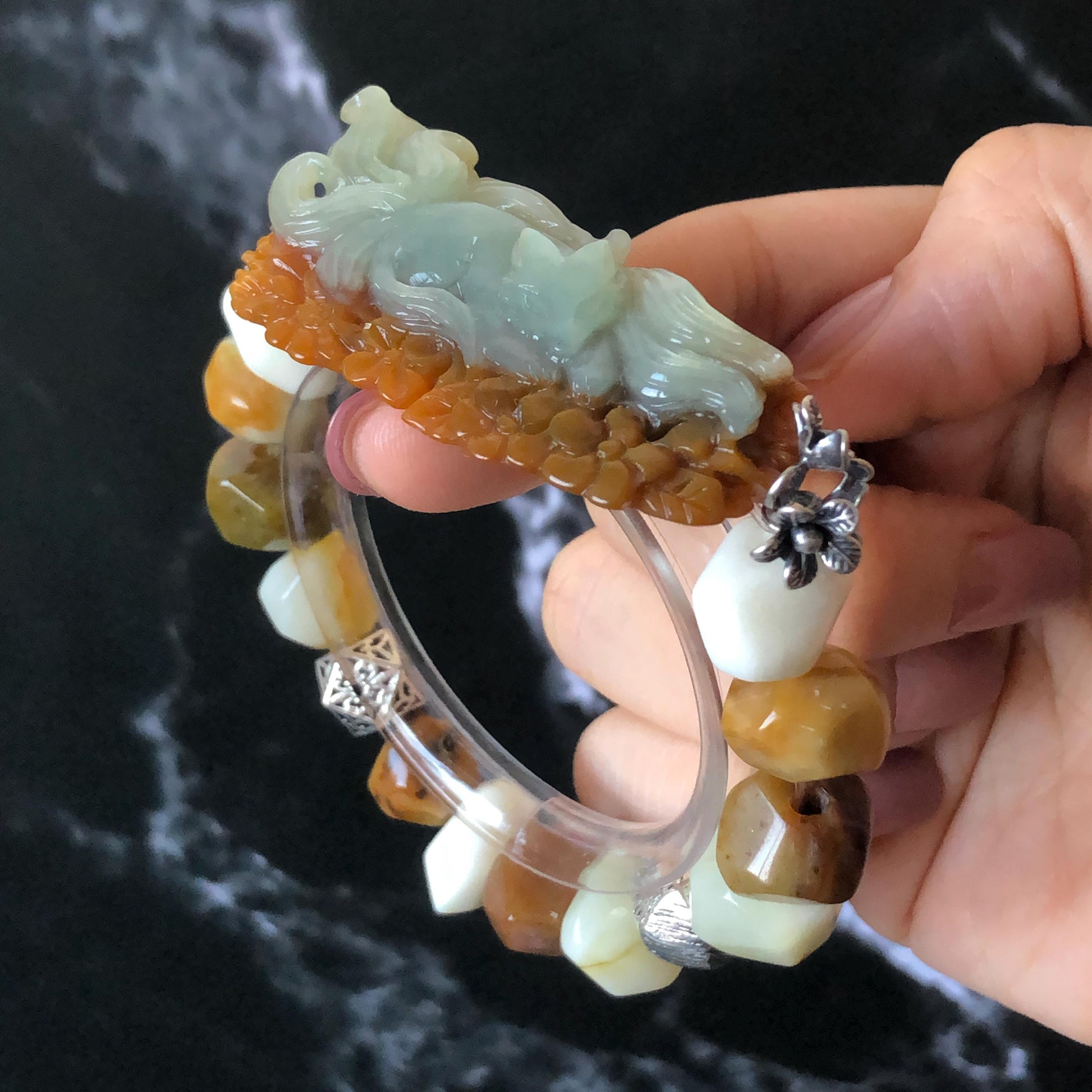 Xiu Jade Serpentine Hand Carved Nine-tailed Fox & Flower with Irregular Bead Bracelet: Natural Brown White Jade with Vintage Tibetan Silver | Gift for her bracelet jade carving hand engraved orange jade brown jade white jade hand engraved jade bracelet hand carved jade charm hand engraved jade pendant irregular bead bracelet big beaded bracelet elastic stretch bracelet silver accessory vintage bracelet antique bracelet nine tail fox carving engraved fox 3D stone carving