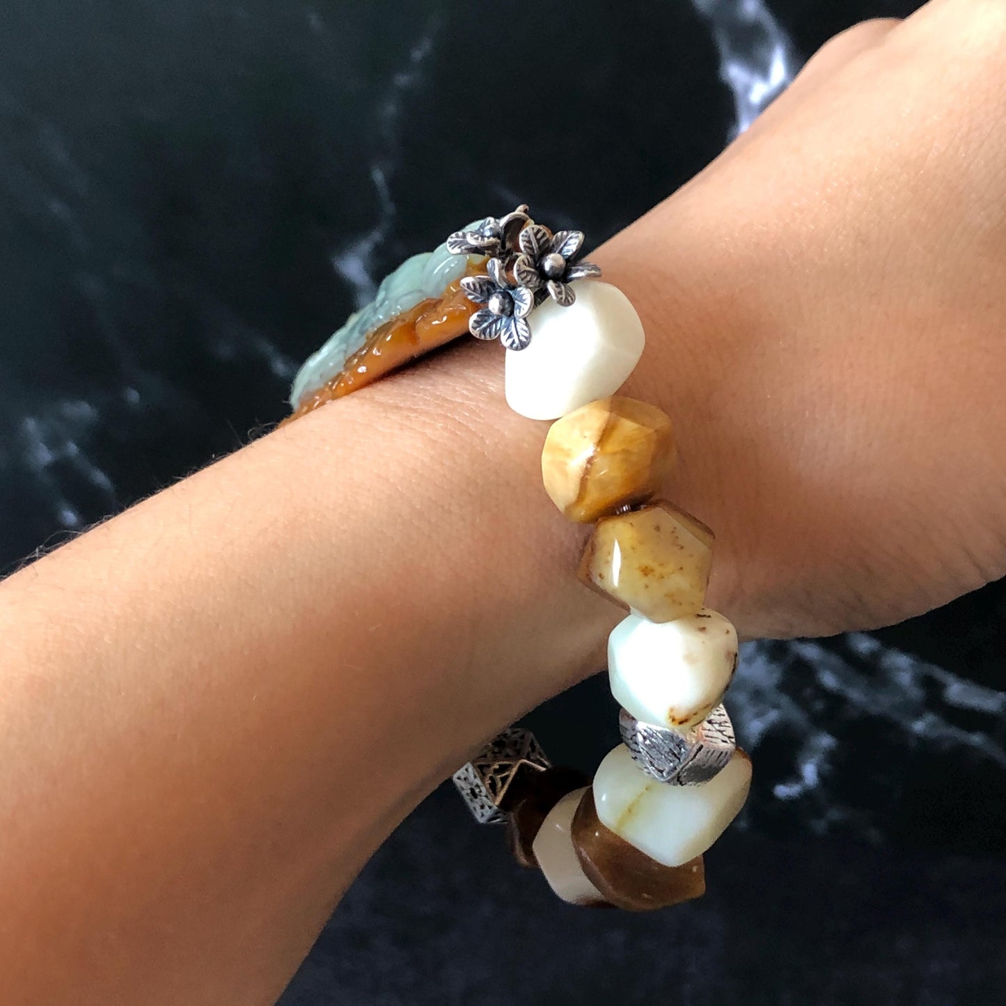 Xiu Jade Serpentine Hand Carved Nine-tailed Fox & Flower with Irregular Bead Bracelet: Natural Brown White Jade with Vintage Tibetan Silver | Gift for her bracelet jade carving hand engraved orange jade brown jade white jade hand engraved jade bracelet hand carved jade charm hand engraved jade pendant irregular bead bracelet big beaded bracelet elastic stretch bracelet silver accessory vintage bracelet antique bracelet nine tail fox carving engraved fox 3D stone carving