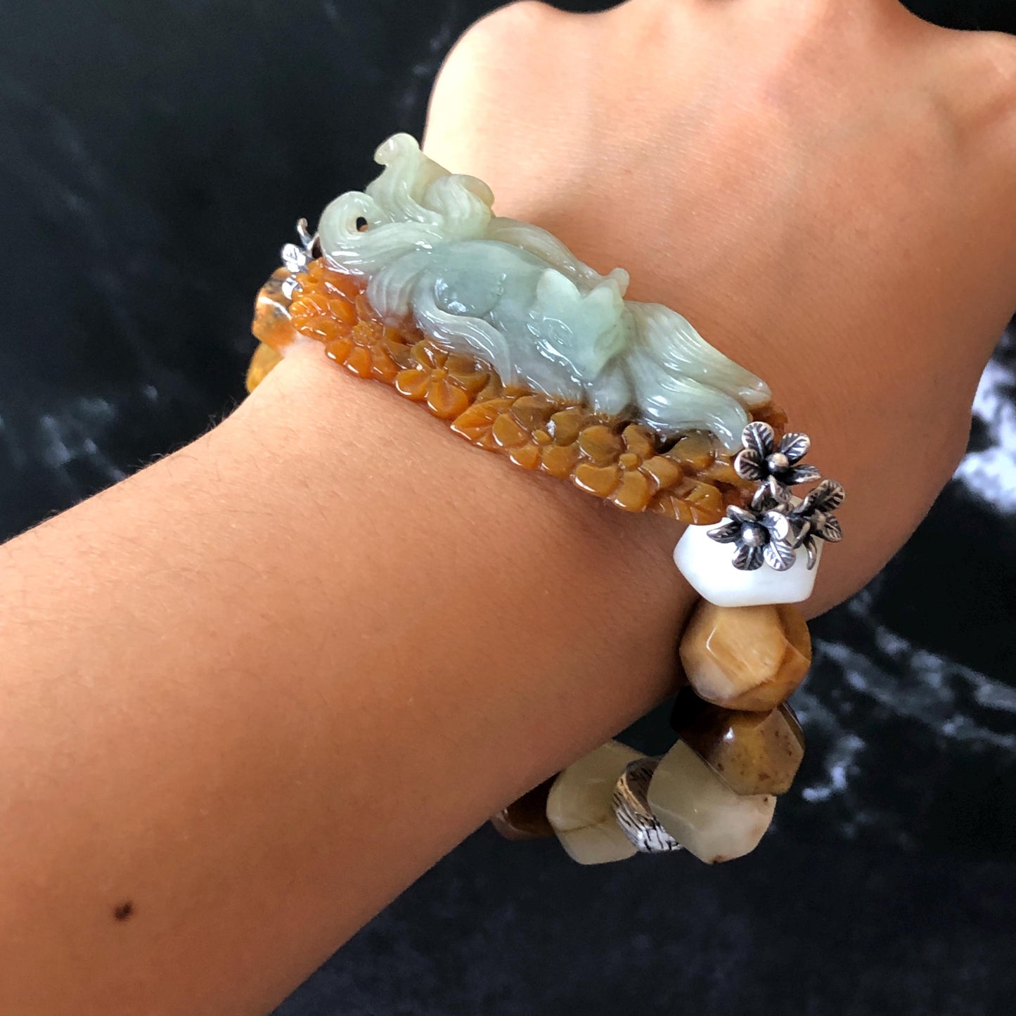 Xiu Jade Serpentine Hand Carved Nine-tailed Fox & Flower with Irregular Bead Bracelet: Natural Brown White Jade with Vintage Tibetan Silver | Gift for her bracelet jade carving hand engraved orange jade brown jade white jade hand engraved jade bracelet hand carved jade charm hand engraved jade pendant irregular bead bracelet big beaded bracelet elastic stretch bracelet silver accessory vintage bracelet antique bracelet nine tail fox carving engraved fox 3D stone carving