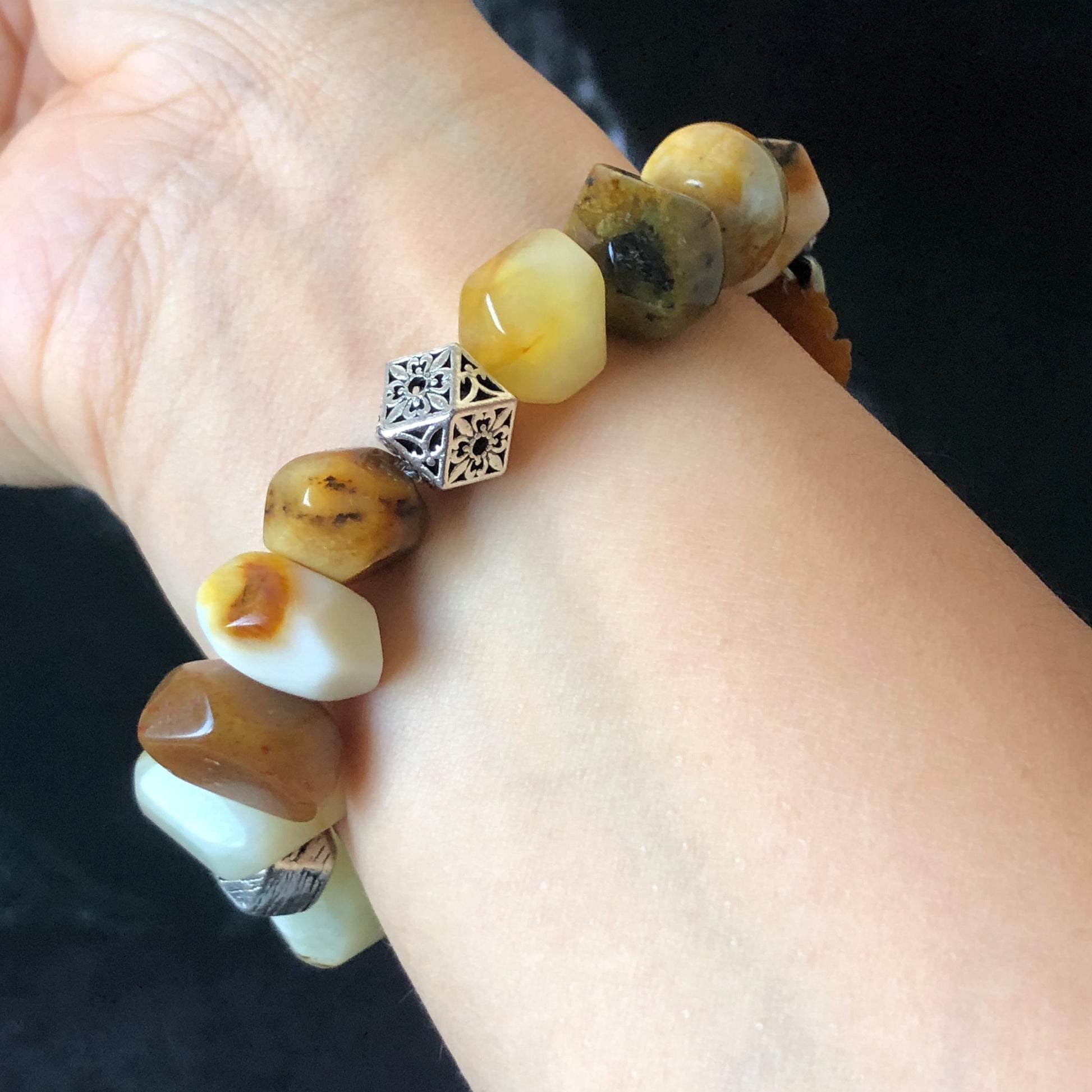 Xiu Jade Serpentine Hand Carved Nine-tailed Fox & Flower with Irregular Bead Bracelet: Natural Brown White Jade with Vintage Tibetan Silver | Gift for her bracelet jade carving hand engraved orange jade brown jade white jade hand engraved jade bracelet hand carved jade charm hand engraved jade pendant irregular bead bracelet big beaded bracelet elastic stretch bracelet silver accessory vintage bracelet antique bracelet nine tail fox carving engraved fox 3D stone carving
