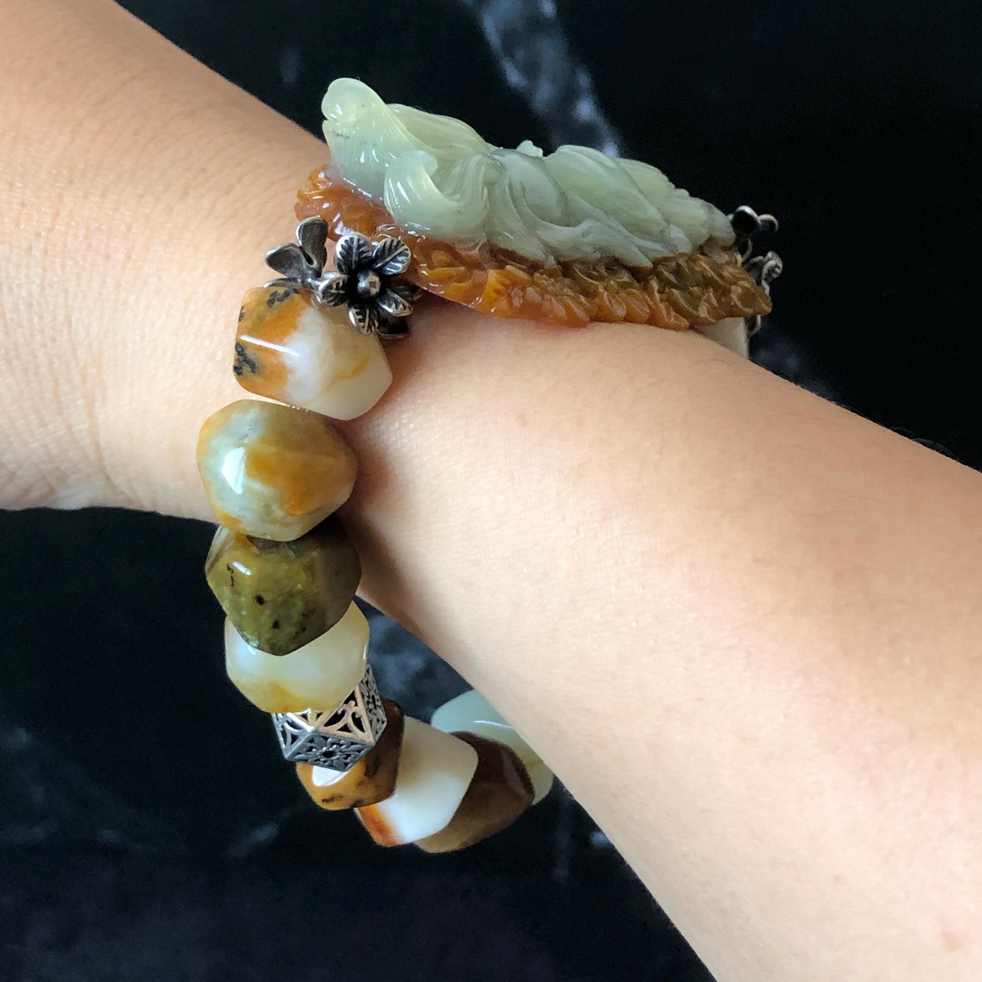 Xiu Jade Serpentine Hand Carved Nine-tailed Fox & Flower with Irregular Bead Bracelet: Natural Brown White Jade with Vintage Tibetan Silver | Gift for her bracelet jade carving hand engraved orange jade brown jade white jade hand engraved jade bracelet hand carved jade charm hand engraved jade pendant irregular bead bracelet big beaded bracelet elastic stretch bracelet silver accessory vintage bracelet antique bracelet nine tail fox carving engraved fox 3D stone carving
