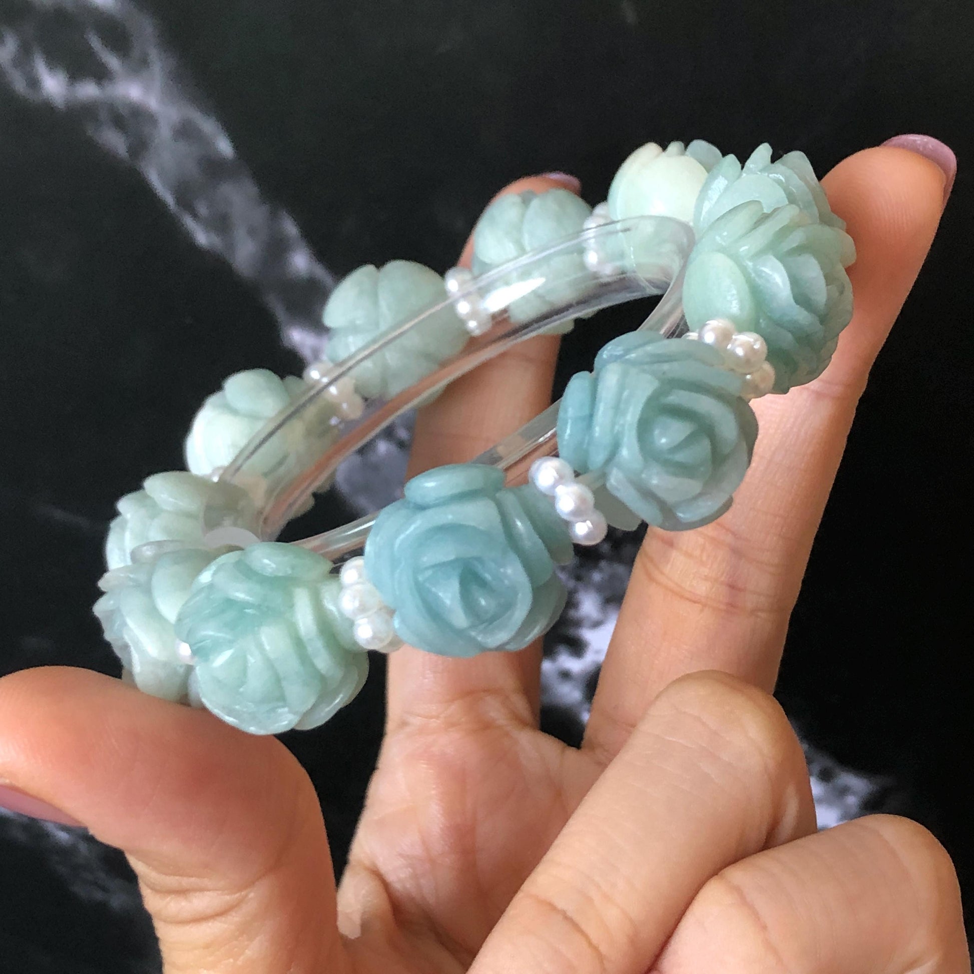 Natural SheTaicui jade (Quartzite) Hand Carved Blue Rose Bead Bracelet: Bi-colour Blue Sky & White Cloud Charms | Cute & Sweet | personalized gift  for her, elastic stretch bracelet, huge bead bracelet, jade bead bracelet, bi colour jade multi color jade blue jade white jade chinese jade tailor made bracelet personalized bracelet rose charm hand carved bead bracelet hand engraved jade bracelet hand carved rose bracelet rose carving flower carving hand engraved rose bead 3D stone carving