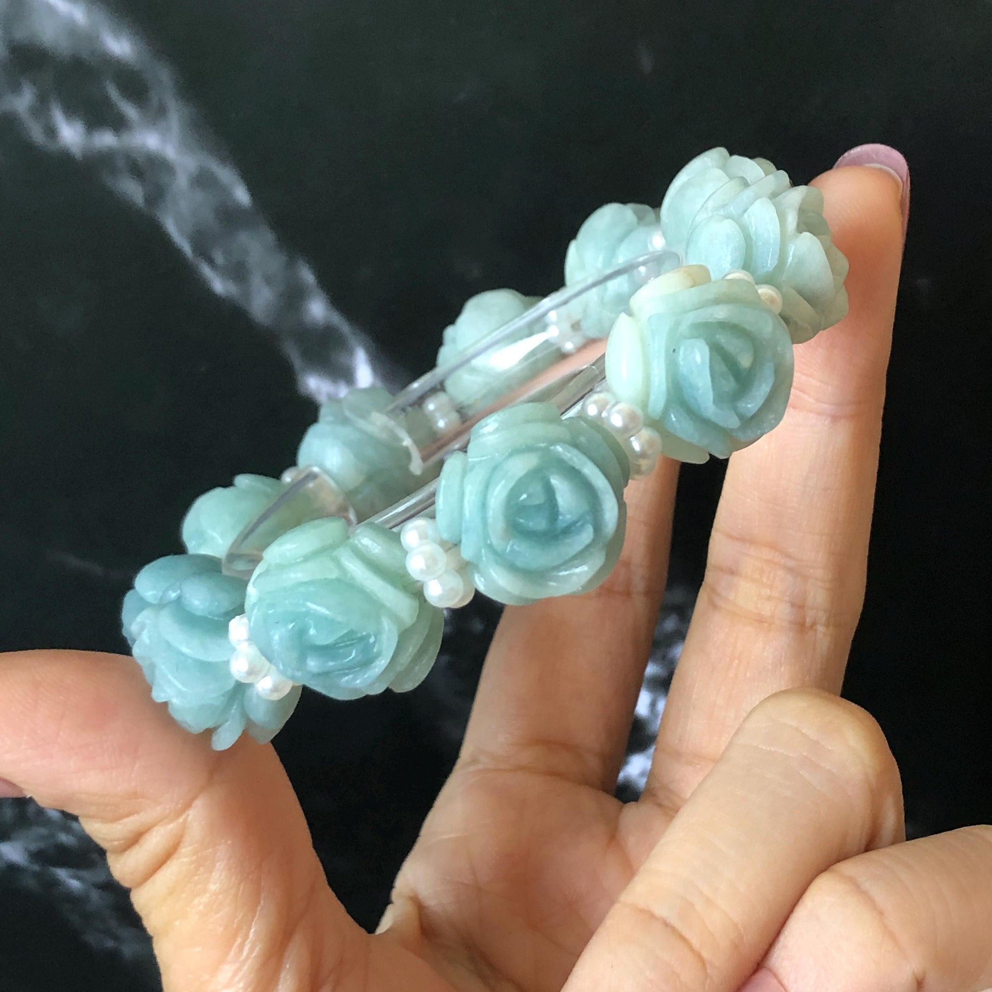 Natural SheTaicui jade (Quartzite) Hand Carved Blue Rose Bead Bracelet: Bi-colour Blue Sky & White Cloud Charms | Cute & Sweet | personalized gift  for her, elastic stretch bracelet, huge bead bracelet, jade bead bracelet, bi colour jade multi color jade blue jade white jade chinese jade tailor made bracelet personalized bracelet rose charm hand carved bead bracelet hand engraved jade bracelet hand carved rose bracelet rose carving flower carving hand engraved rose bead 3D stone carving