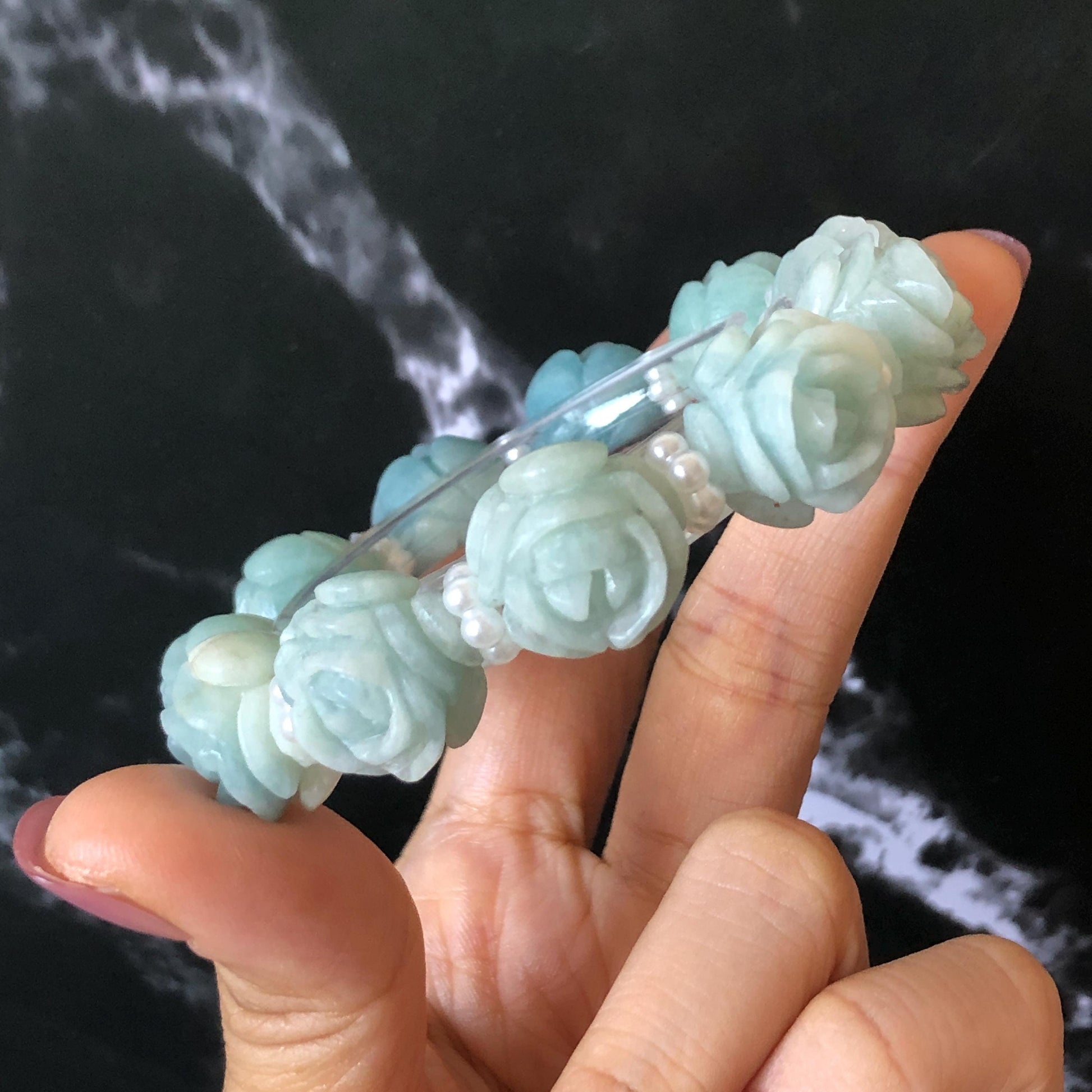 Natural SheTaicui jade (Quartzite) Hand Carved Blue Rose Bead Bracelet: Bi-colour Blue Sky & White Cloud Charms | Cute & Sweet | personalized gift  for her, elastic stretch bracelet, huge bead bracelet, jade bead bracelet, bi colour jade multi color jade blue jade white jade chinese jade tailor made bracelet personalized bracelet rose charm hand carved bead bracelet hand engraved jade bracelet hand carved rose bracelet rose carving flower carving hand engraved rose bead 3D stone carving