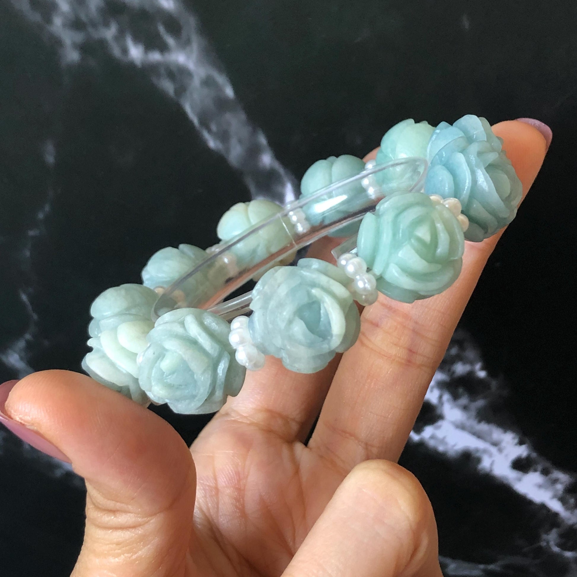 Natural SheTaicui jade (Quartzite) Hand Carved Blue Rose Bead Bracelet: Bi-colour Blue Sky & White Cloud Charms | Cute & Sweet | personalized gift  for her, elastic stretch bracelet, huge bead bracelet, jade bead bracelet, bi colour jade multi color jade blue jade white jade chinese jade tailor made bracelet personalized bracelet rose charm hand carved bead bracelet hand engraved jade bracelet hand carved rose bracelet rose carving flower carving hand engraved rose bead 3D stone carving