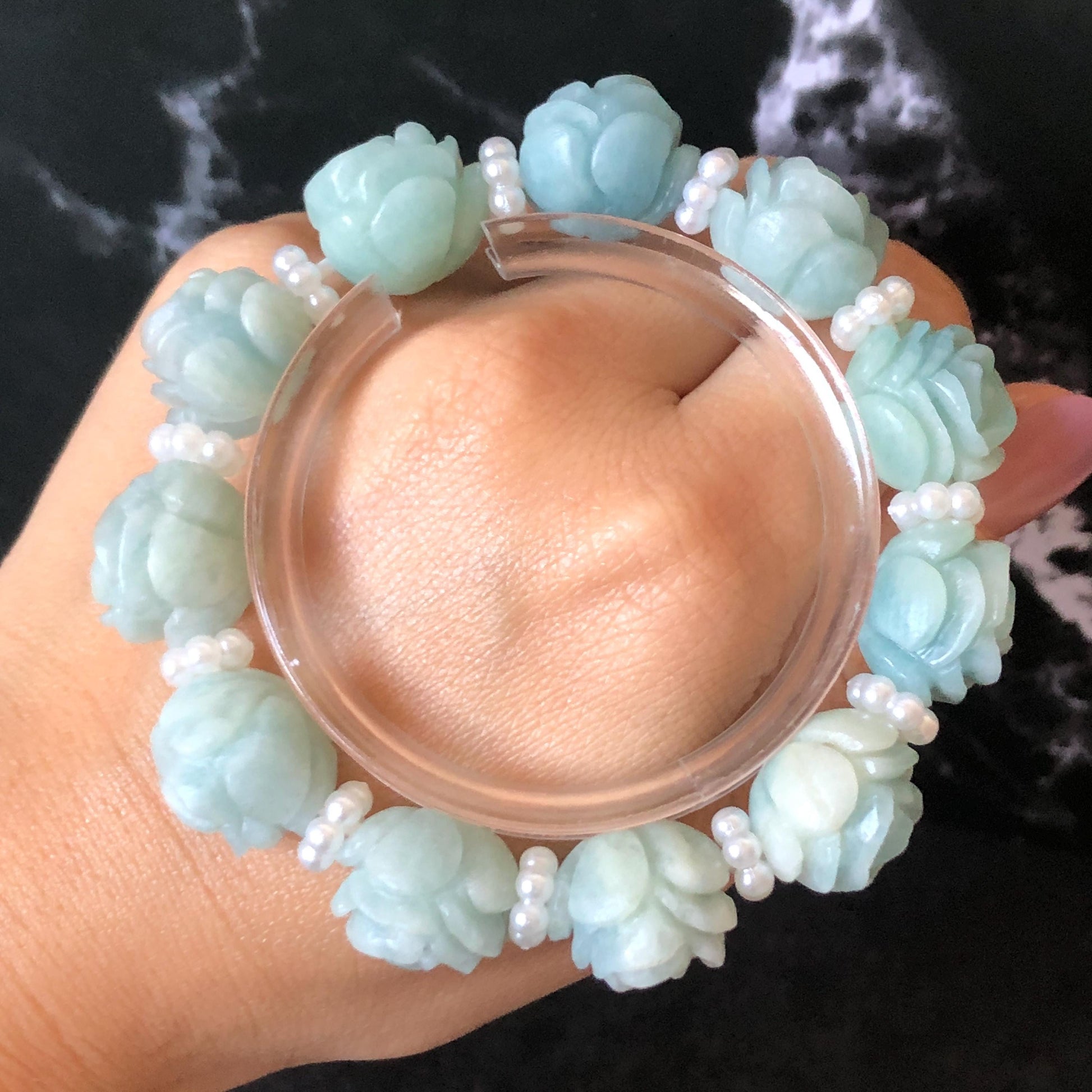 Natural SheTaicui jade (Quartzite) Hand Carved Blue Rose Bead Bracelet: Bi-colour Blue Sky & White Cloud Charms | Cute & Sweet | personalized gift  for her, elastic stretch bracelet, huge bead bracelet, jade bead bracelet, bi colour jade multi color jade blue jade white jade chinese jade tailor made bracelet personalized bracelet rose charm hand carved bead bracelet hand engraved jade bracelet hand carved rose bracelet rose carving flower carving hand engraved rose bead 3D stone carving