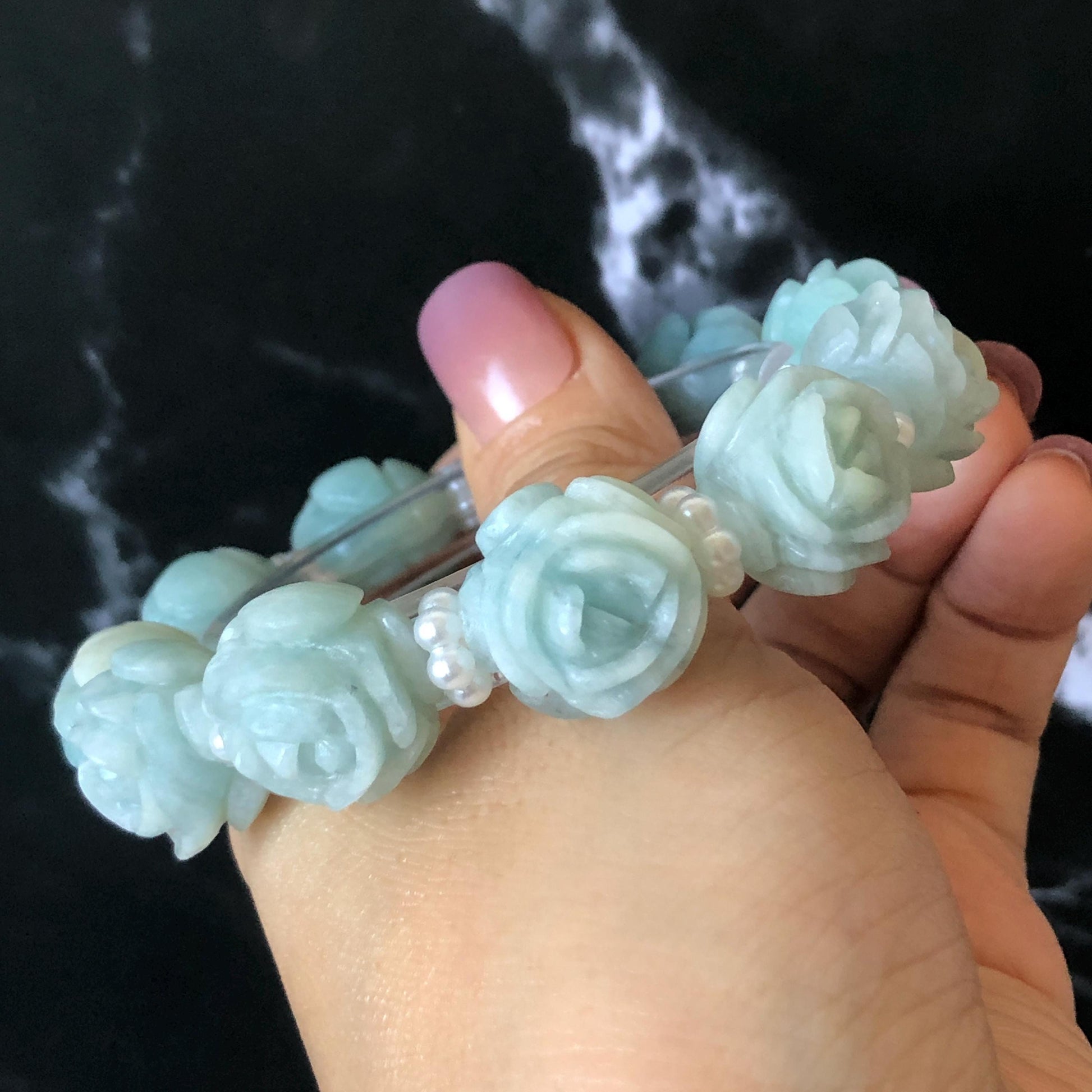 Natural SheTaicui jade (Quartzite) Hand Carved Blue Rose Bead Bracelet: Bi-colour Blue Sky & White Cloud Charms | Cute & Sweet | personalized gift  for her, elastic stretch bracelet, huge bead bracelet, jade bead bracelet, bi colour jade multi color jade blue jade white jade chinese jade tailor made bracelet personalized bracelet rose charm hand carved bead bracelet hand engraved jade bracelet hand carved rose bracelet rose carving flower carving hand engraved rose bead 3D stone carving