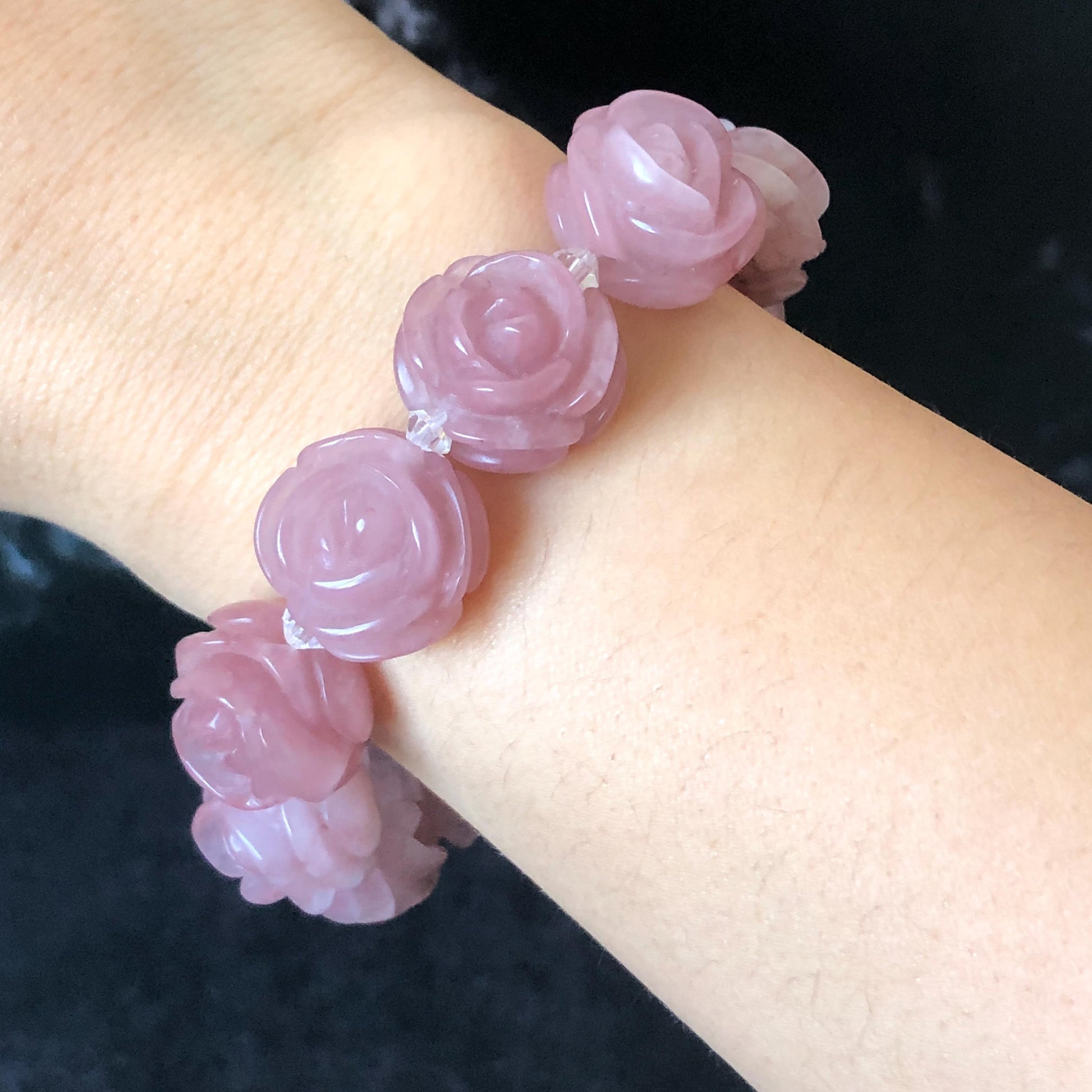 SheTaicui Jade (Quartzite) Hand Carved Rose Bead Bracelet: Natural Icy Pink Peach Charms Elastic Stretch Bracelet | Personalized Gemstone Gift for her, elastic stretch bracelet, huge bead bracelet, jade bead bracelet, pink jade purple jade chinese jade tailor made bracelet personalized bracelet rose charm hand carved bead bracelet hand engraved jade bracelet hand carved rose bracelet rose carving flower carving hand engraved rose bead 3D stone carving
