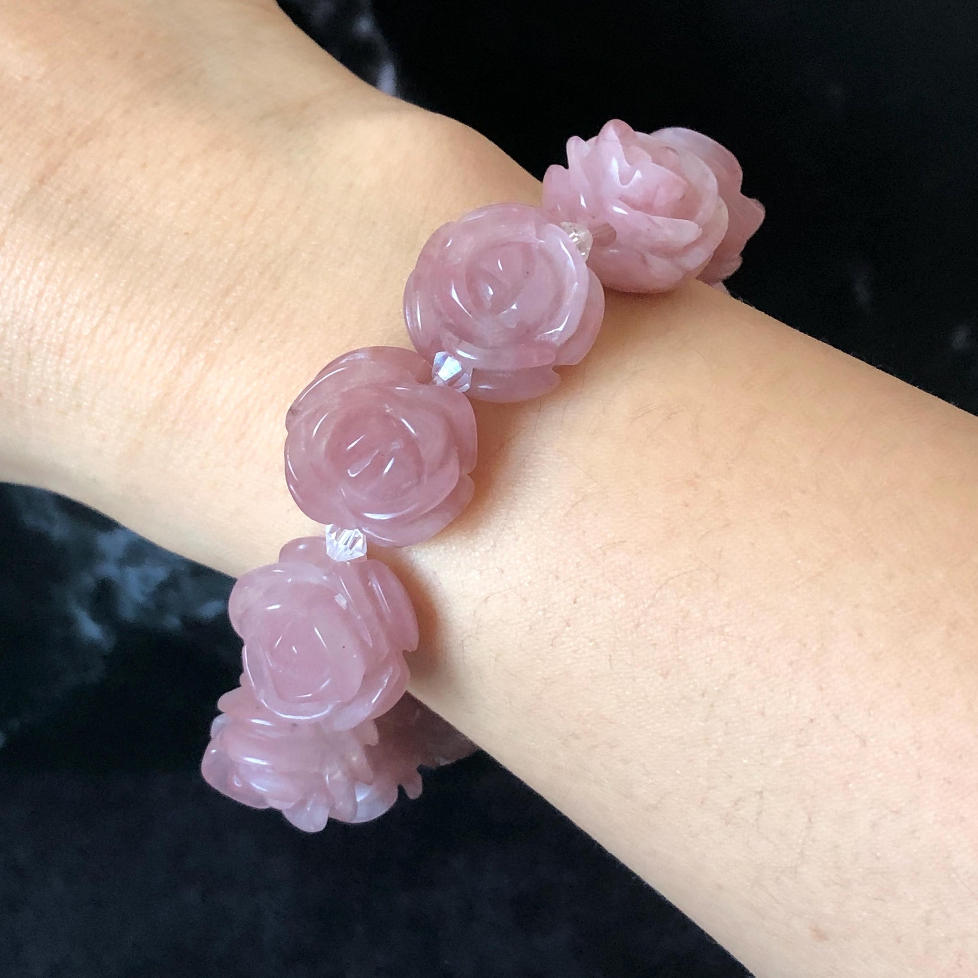 SheTaicui Jade (Quartzite) Hand Carved Rose Bead Bracelet: Natural Icy Pink Peach Charms Elastic Stretch Bracelet | Personalized Gemstone Gift for her, elastic stretch bracelet, huge bead bracelet, jade bead bracelet, pink jade purple jade chinese jade tailor made bracelet personalized bracelet rose charm hand carved bead bracelet hand engraved jade bracelet hand carved rose bracelet rose carving flower carving hand engraved rose bead 3D stone carving