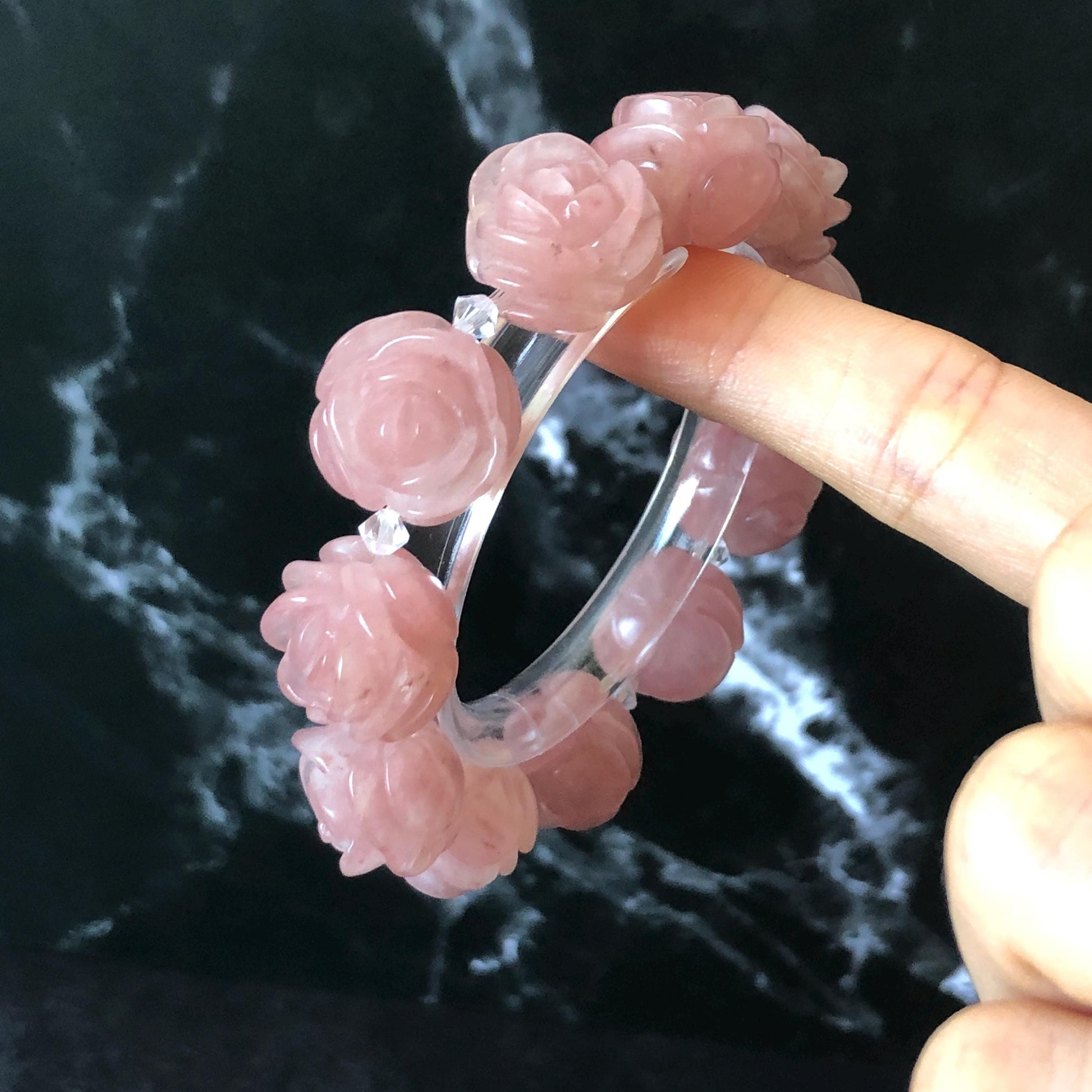 SheTaicui Jade (Quartzite) Hand Carved Rose Bead Bracelet: Natural Icy Pink Peach Charms Elastic Stretch Bracelet | Personalized Gemstone Gift for her, elastic stretch bracelet, huge bead bracelet, jade bead bracelet, pink jade purple jade chinese jade tailor made bracelet personalized bracelet rose charm hand carved bead bracelet hand engraved jade bracelet hand carved rose bracelet rose carving flower carving hand engraved rose bead 3D stone carving