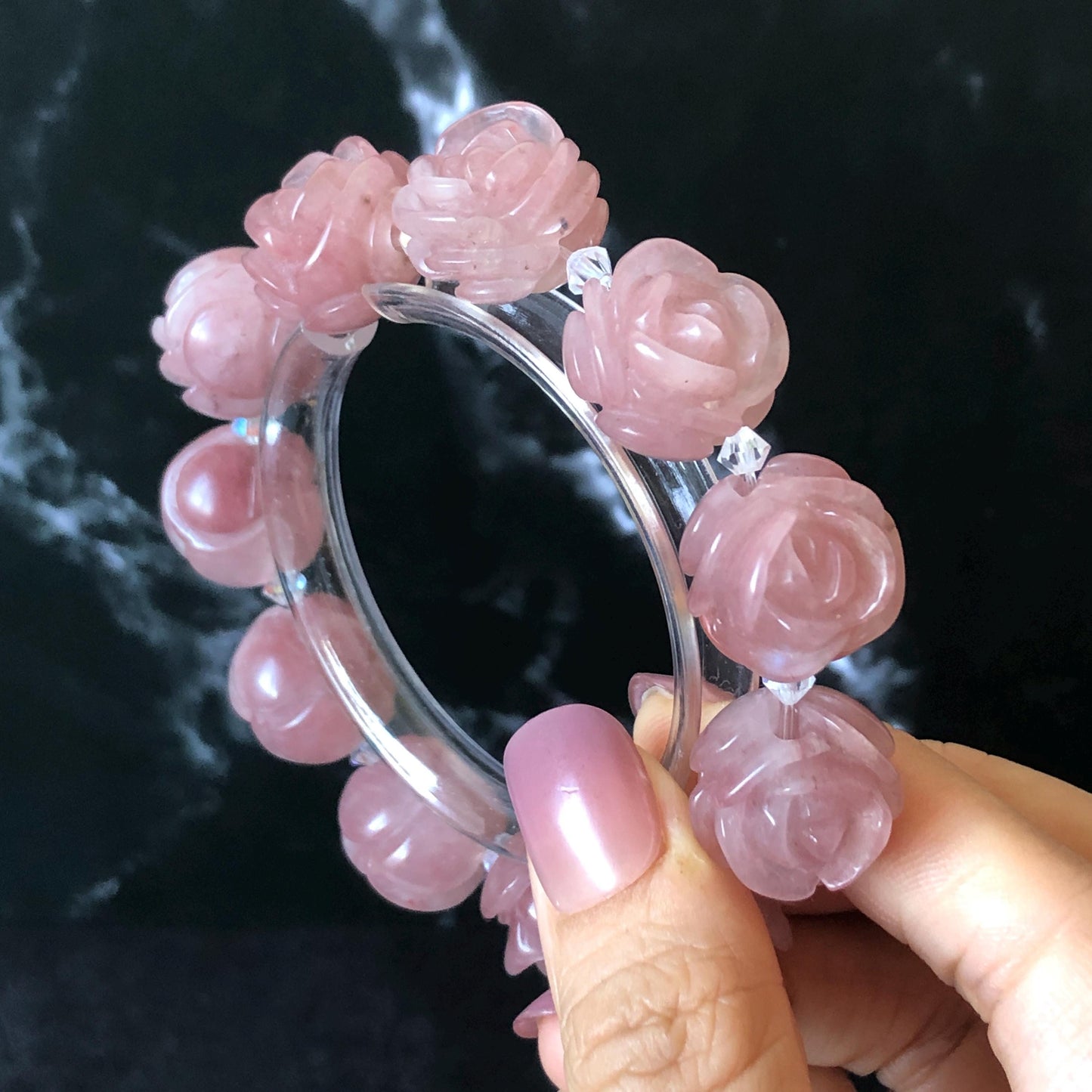 SheTaicui Jade (Quartzite) Hand Carved Rose Bead Bracelet: Natural Icy Pink Peach Charms Elastic Stretch Bracelet | Personalized Gemstone Gift for her, elastic stretch bracelet, huge bead bracelet, jade bead bracelet, pink jade purple jade chinese jade tailor made bracelet personalized bracelet rose charm hand carved bead bracelet hand engraved jade bracelet hand carved rose bracelet rose carving flower carving hand engraved rose bead 3D stone carving