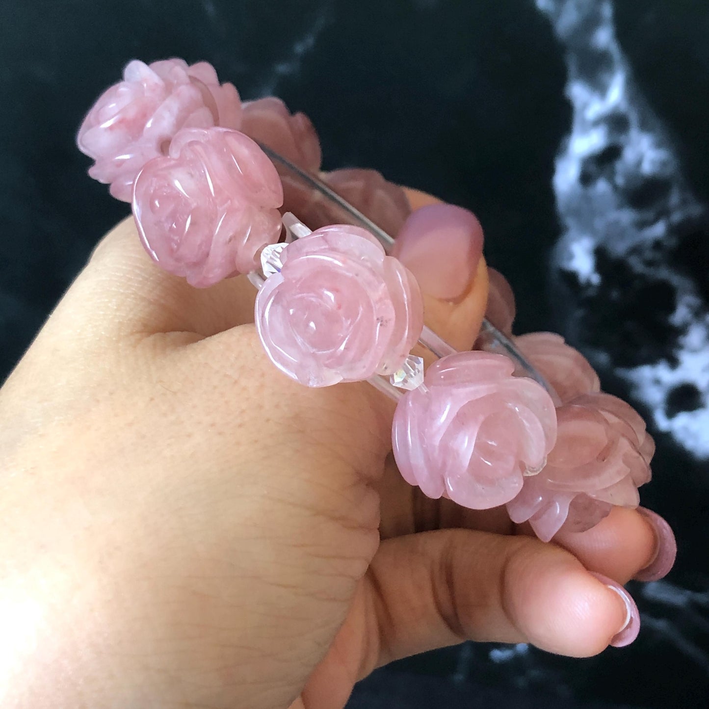 SheTaicui Jade (Quartzite) Hand Carved Rose Bead Bracelet: Natural Icy Pink Peach Charms Elastic Stretch Bracelet | Personalized Gemstone Gift for her, elastic stretch bracelet, huge bead bracelet, jade bead bracelet, pink jade purple jade chinese jade tailor made bracelet personalized bracelet rose charm hand carved bead bracelet hand engraved jade bracelet hand carved rose bracelet rose carving flower carving hand engraved rose bead 3D stone carving
